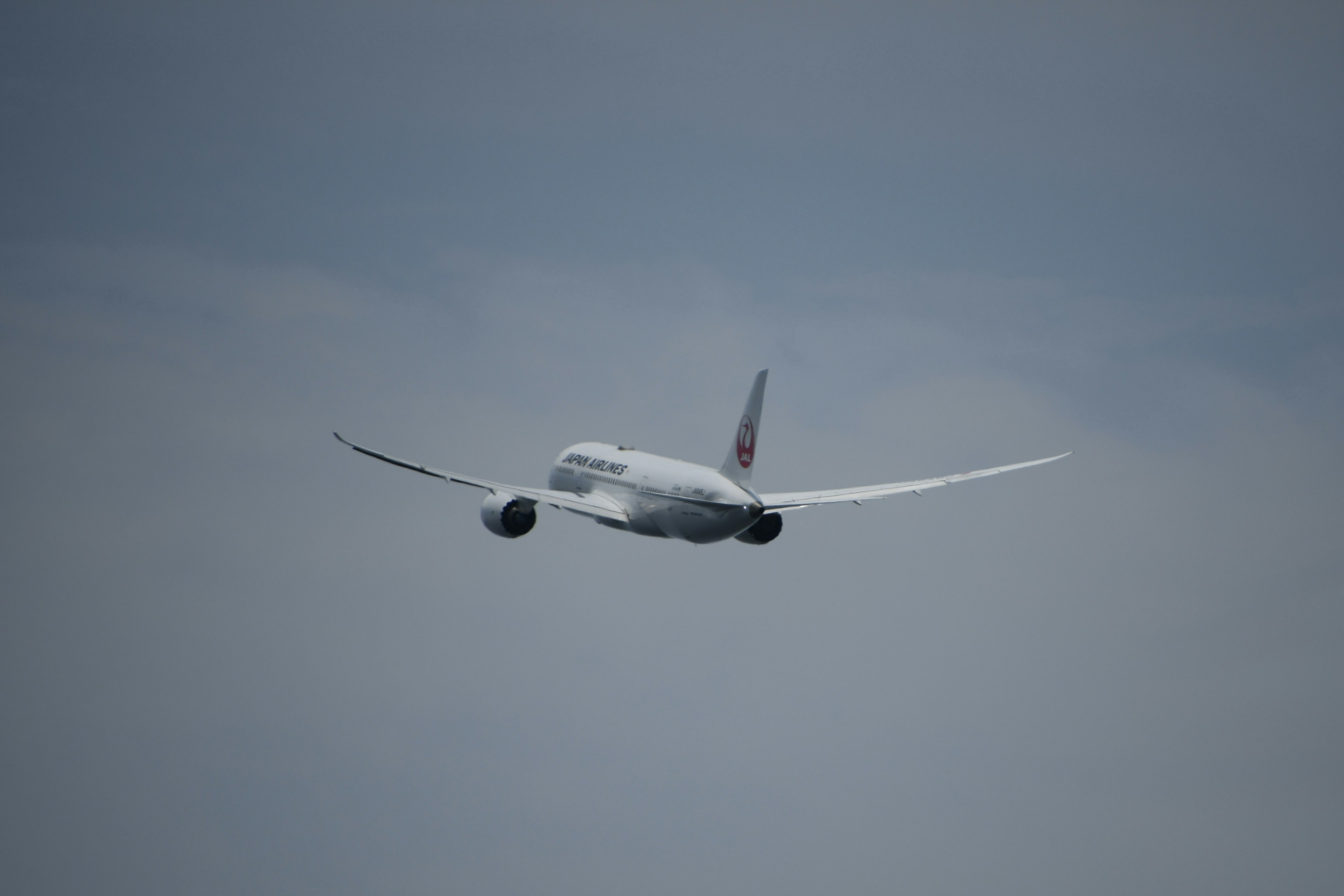 Ein Flugzeug fliegt am Himmel mit einem bewölkten Hintergrund