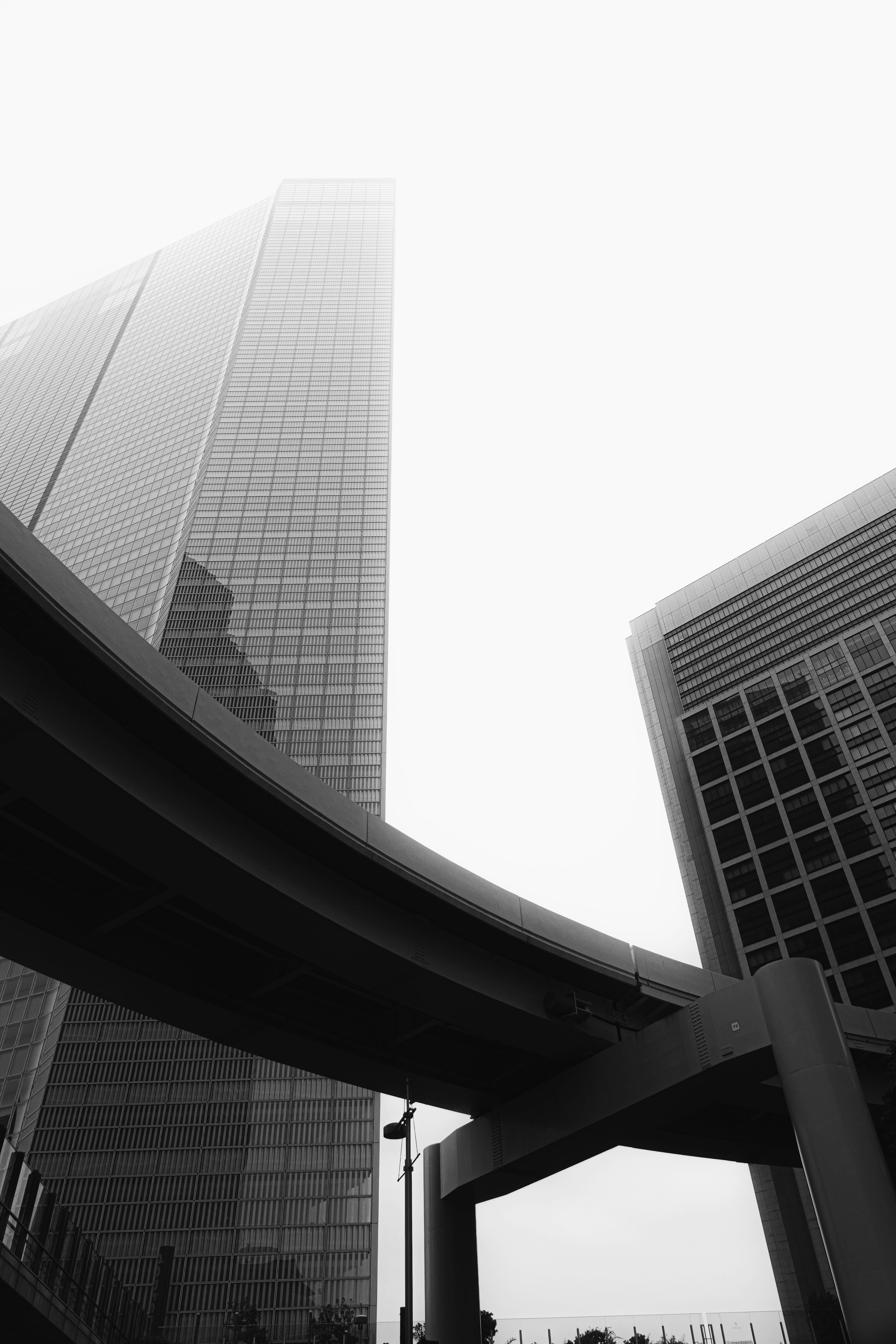 Foto en blanco y negro de rascacielos y una carretera curva que se cruzan