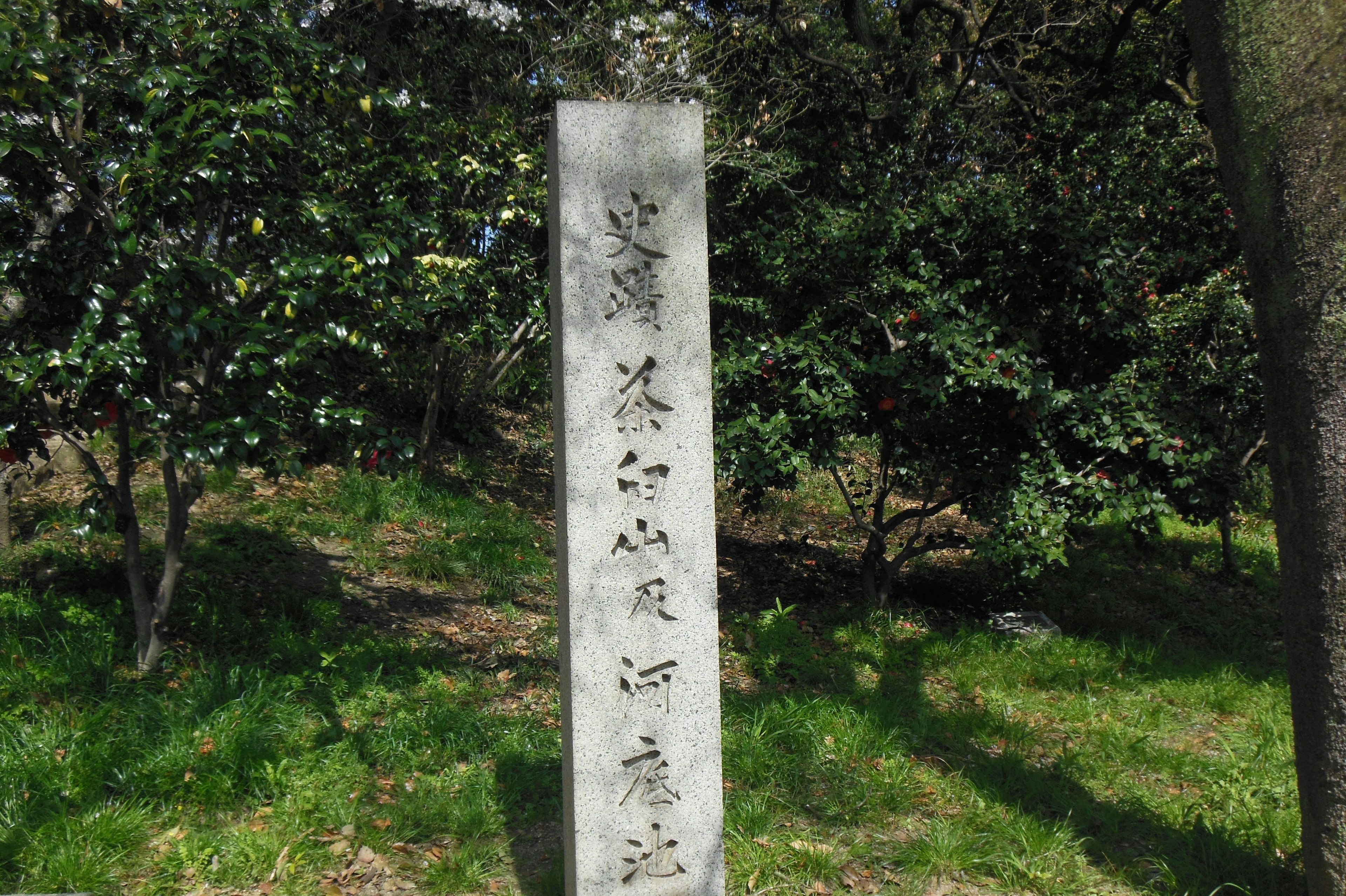 公園の中にある石の碑には漢字の文字が刻まれている