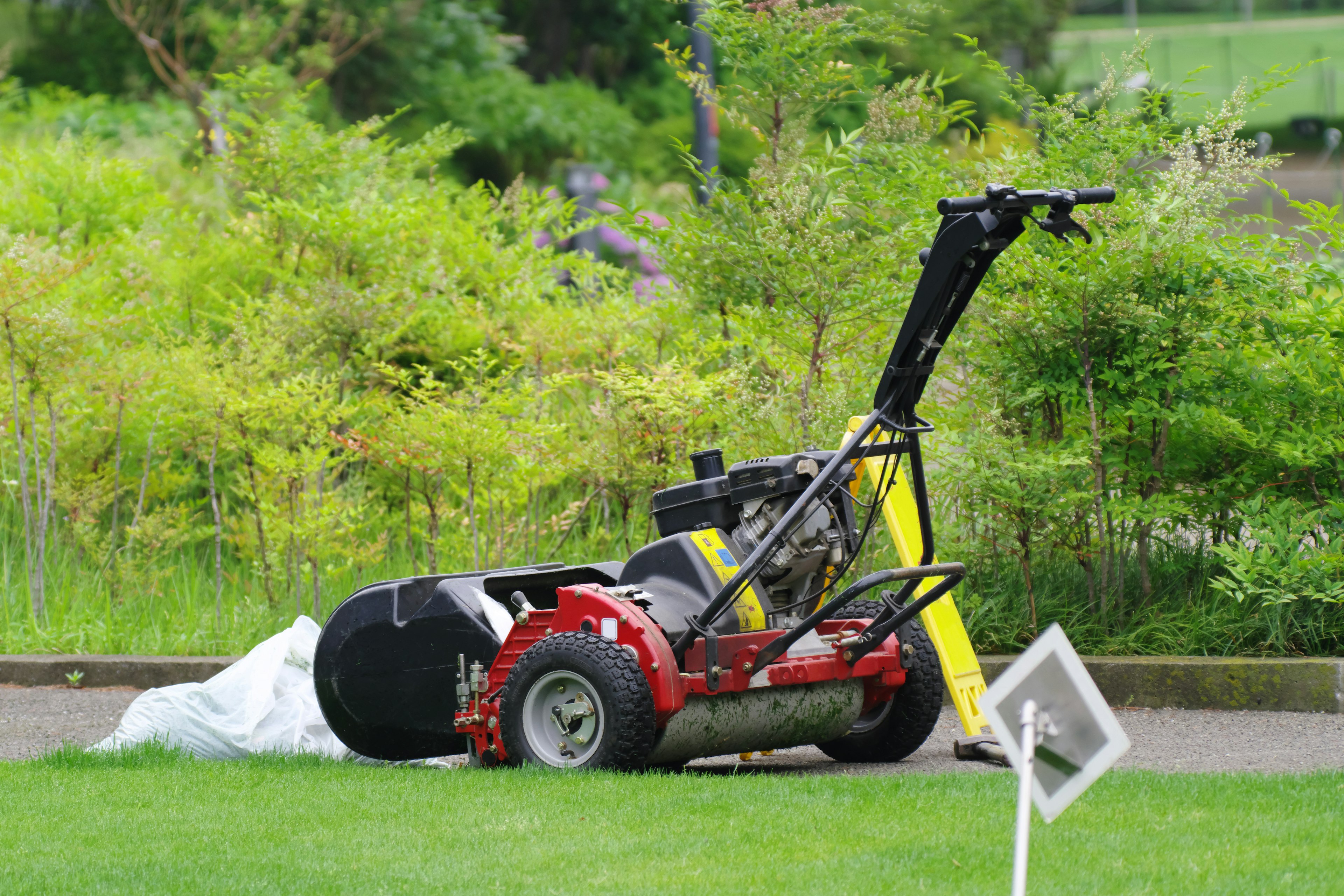 Red lawn mower on a green lawn covered with a white sheet