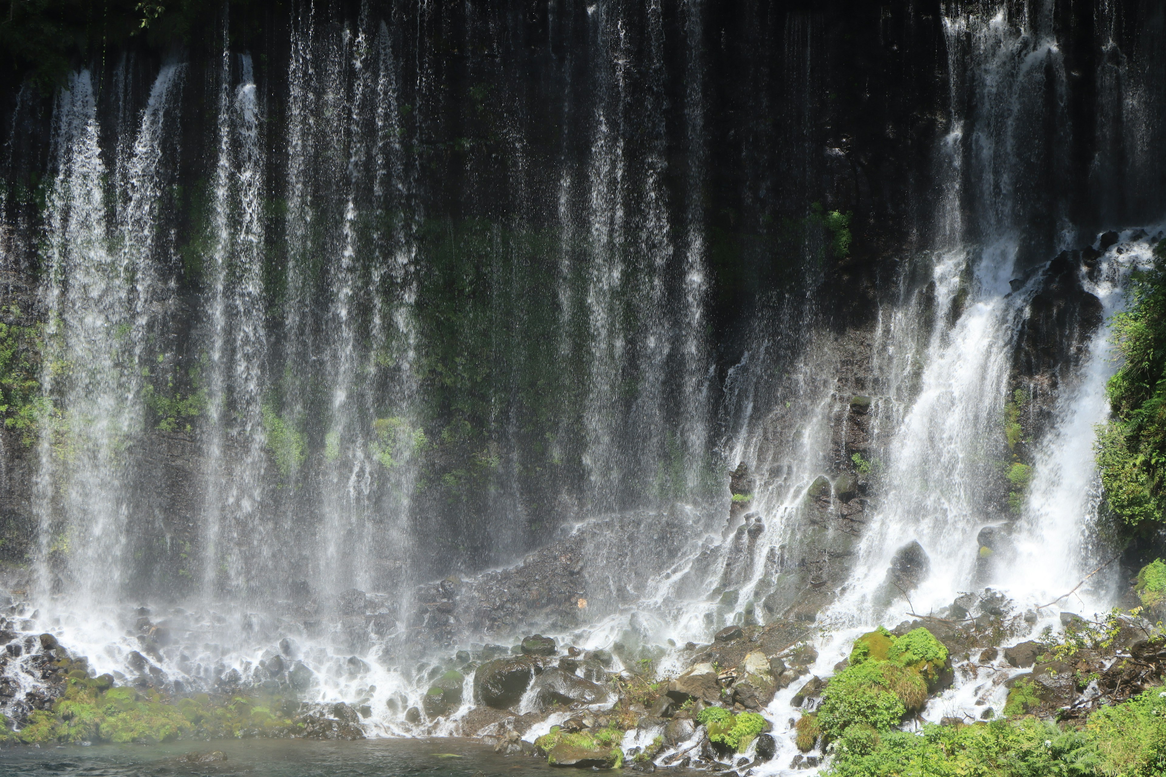 Una bella cascata che scorre con vegetazione lussureggiante