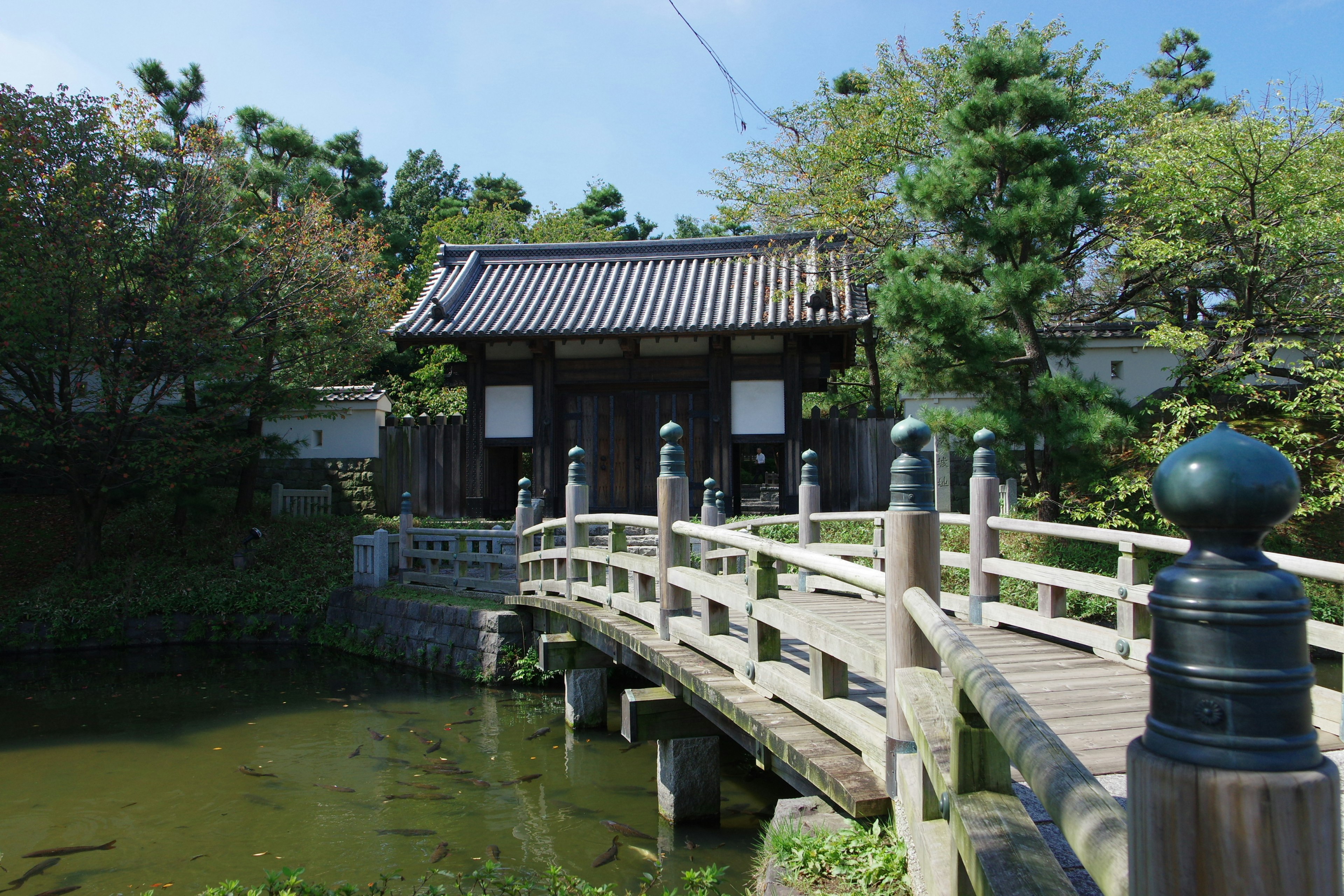 宁静池塘旁的传统日本建筑和木桥