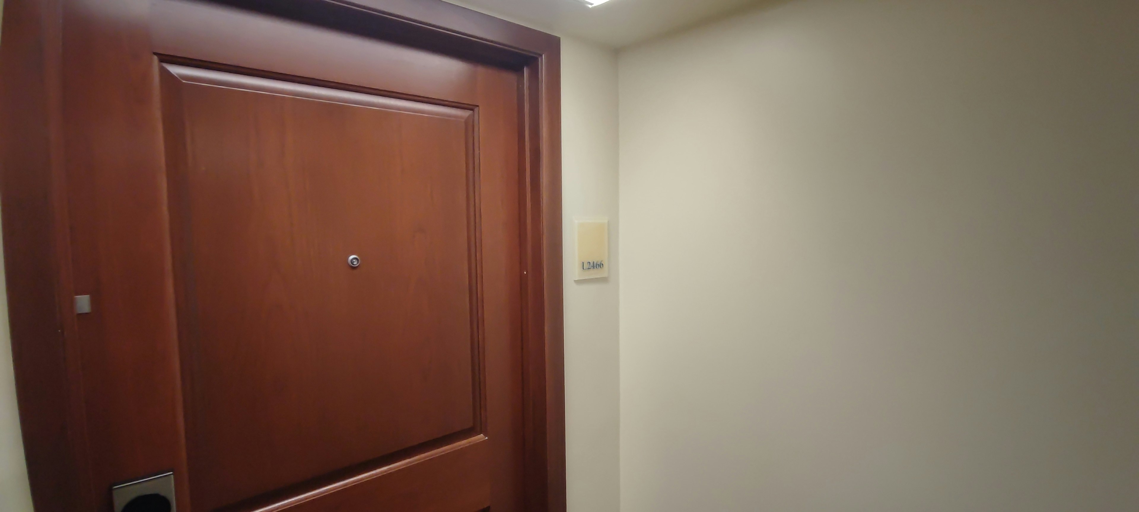 Interior corner featuring a wooden door and bright wall