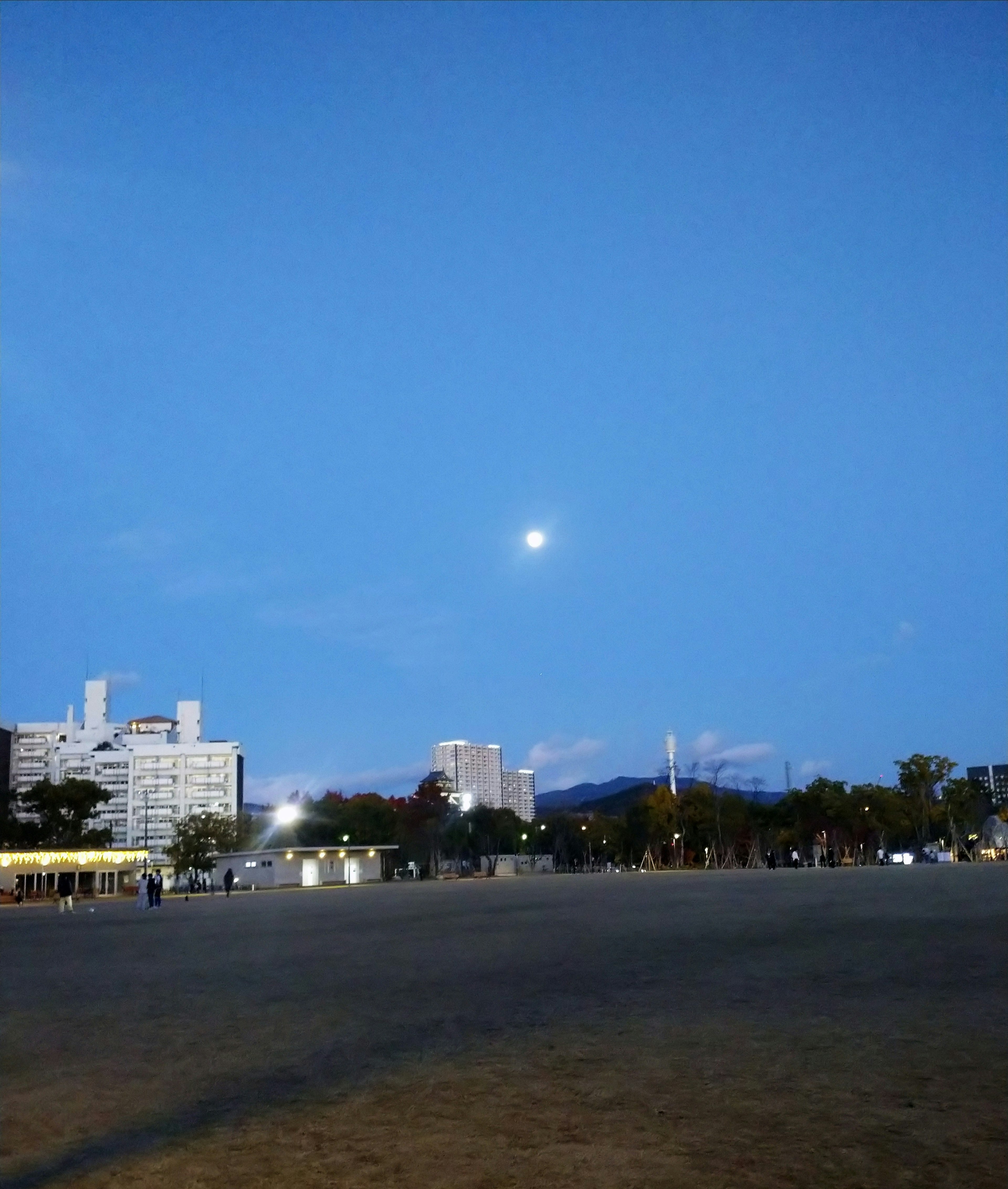 青い空の下に浮かぶ月と都市の風景