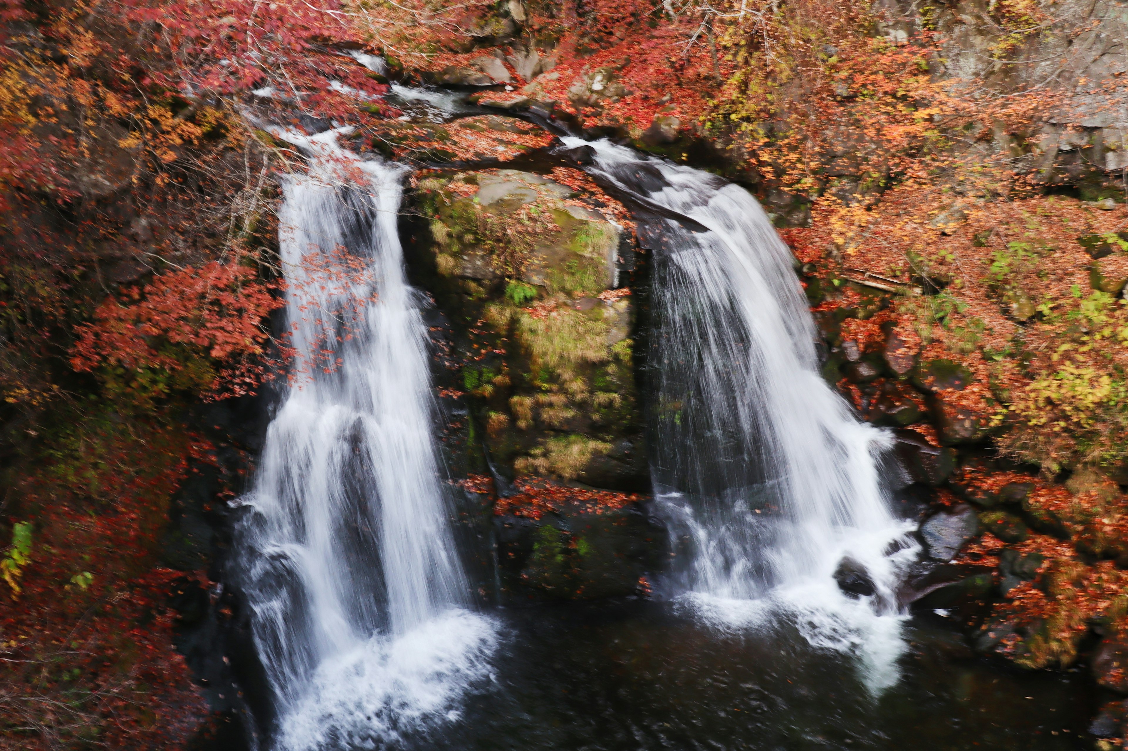 Vue pittoresque d'une cascade entourée de feuillage d'automne