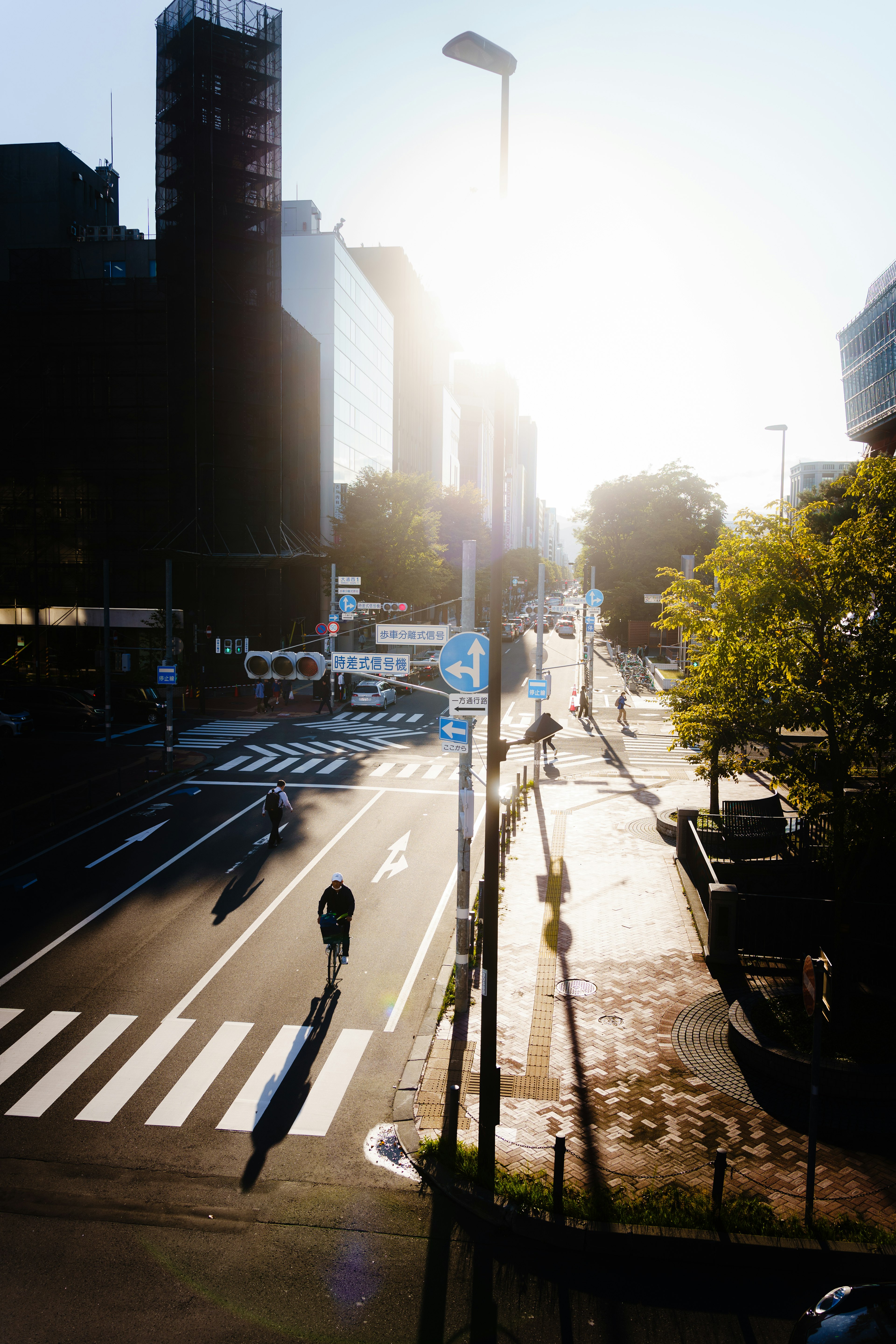 朝日が差し込む都市の風景 自転車で走る人物と交差点