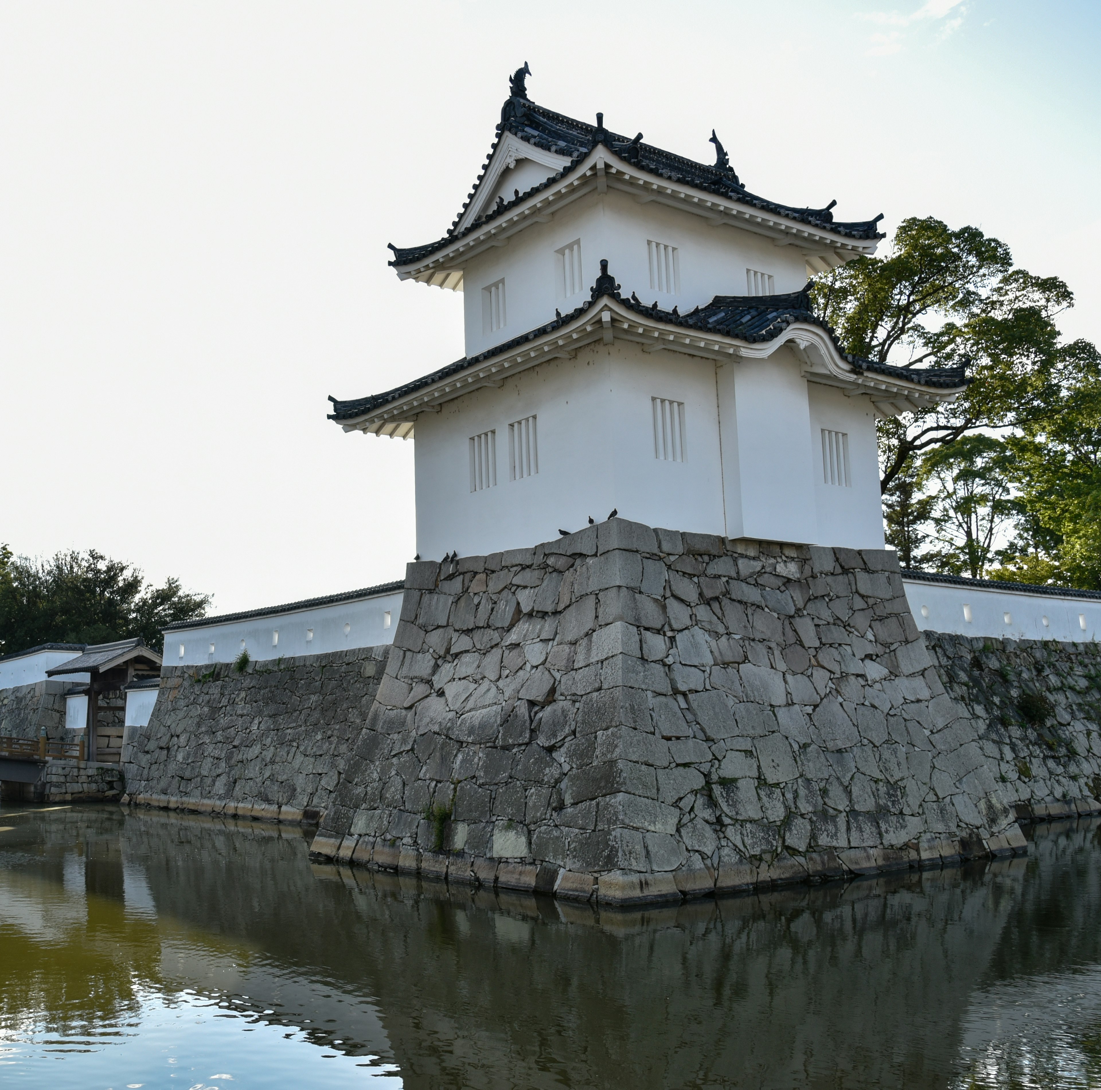 Estructura de castillo blanca con base de piedra reflejándose en el agua