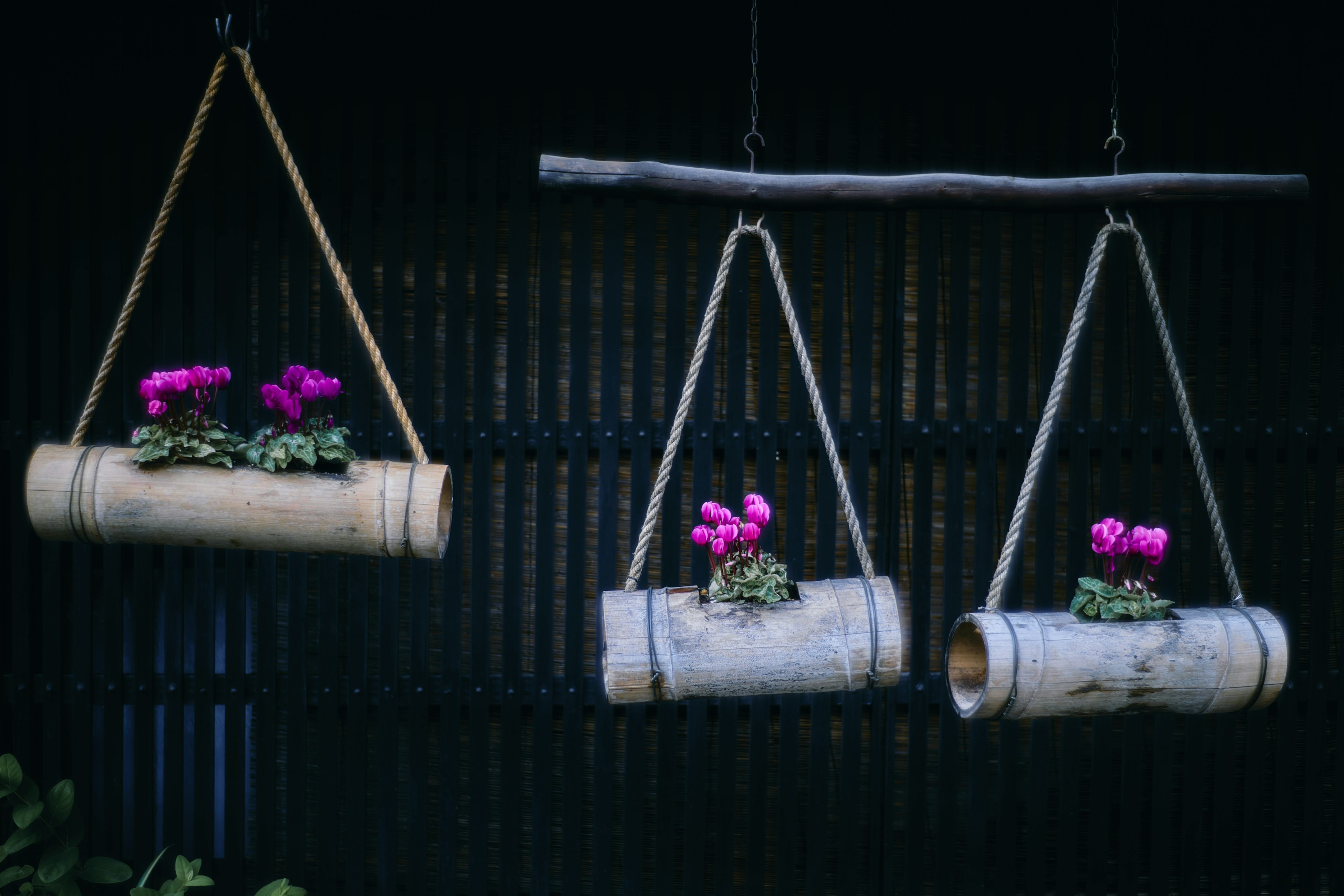 Pots de fleurs en bambou suspendus avec des fleurs violettes