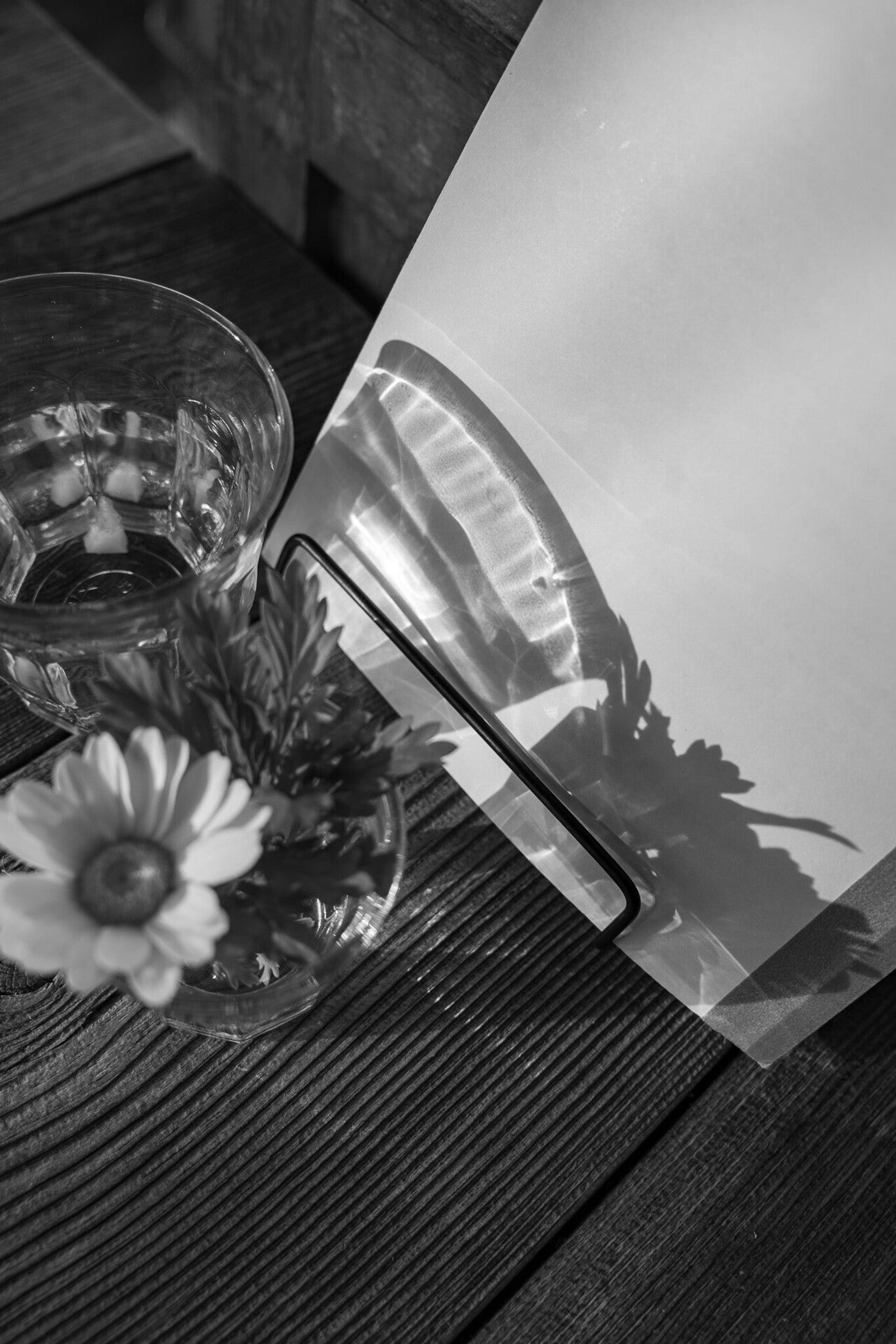 Black and white image featuring a glass of water with flowers and a shadow on a textured surface