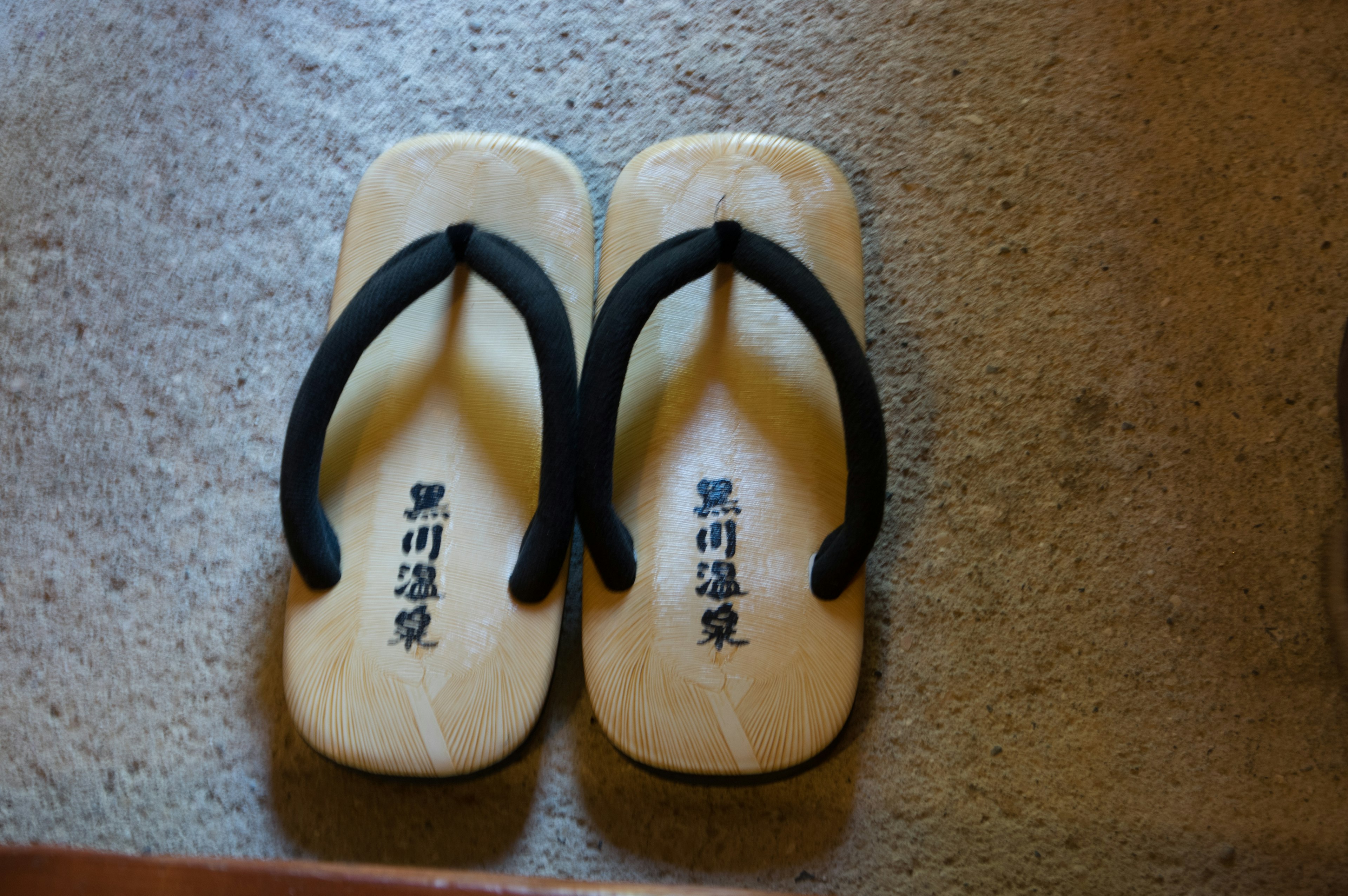 Wooden sandals with black straps displayed on a soft surface