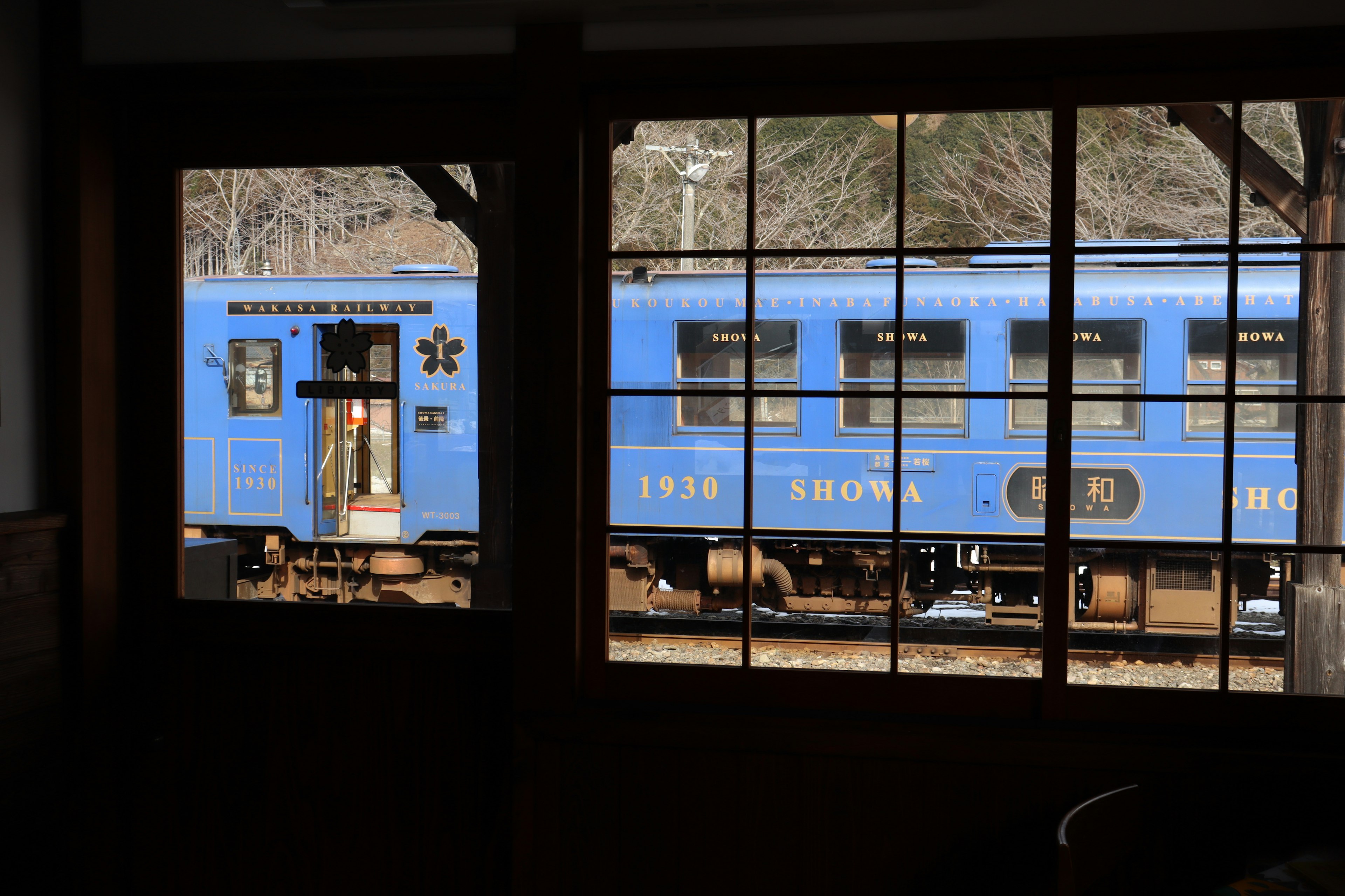 Un treno blu visibile attraverso una finestra