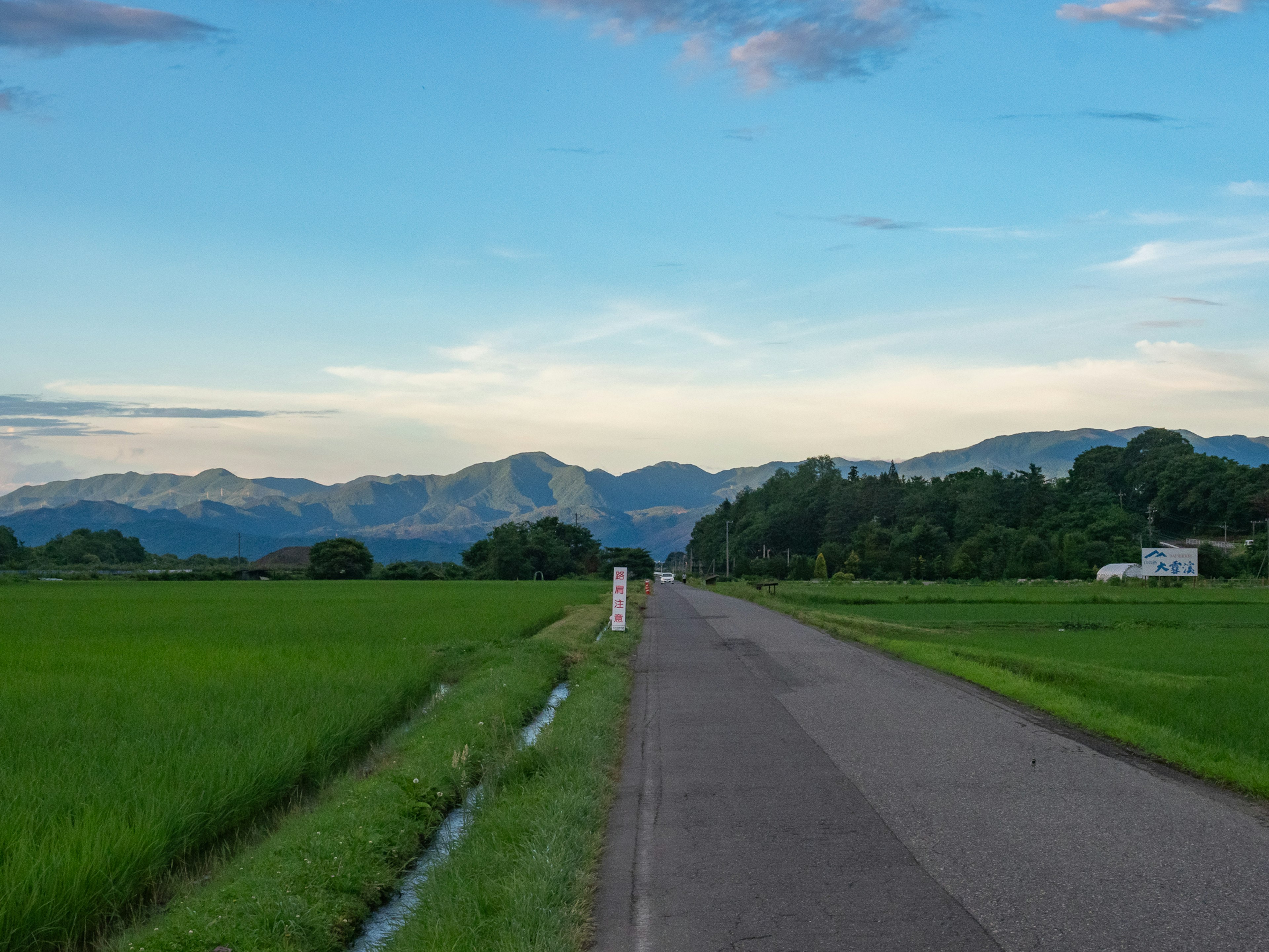 Strada tranquilla con risaie e montagne sullo sfondo