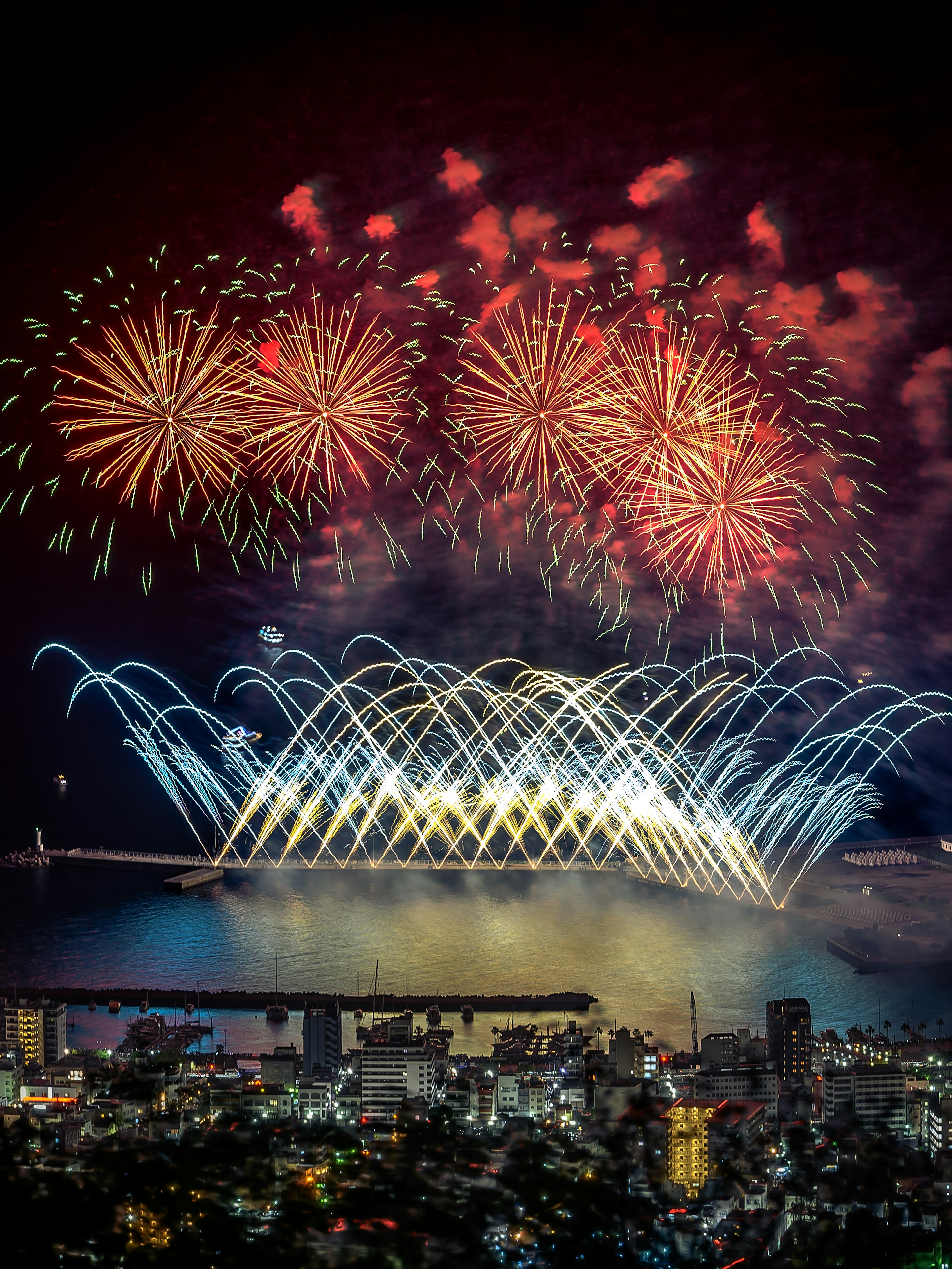 Fireworks display lighting up the night sky over the city