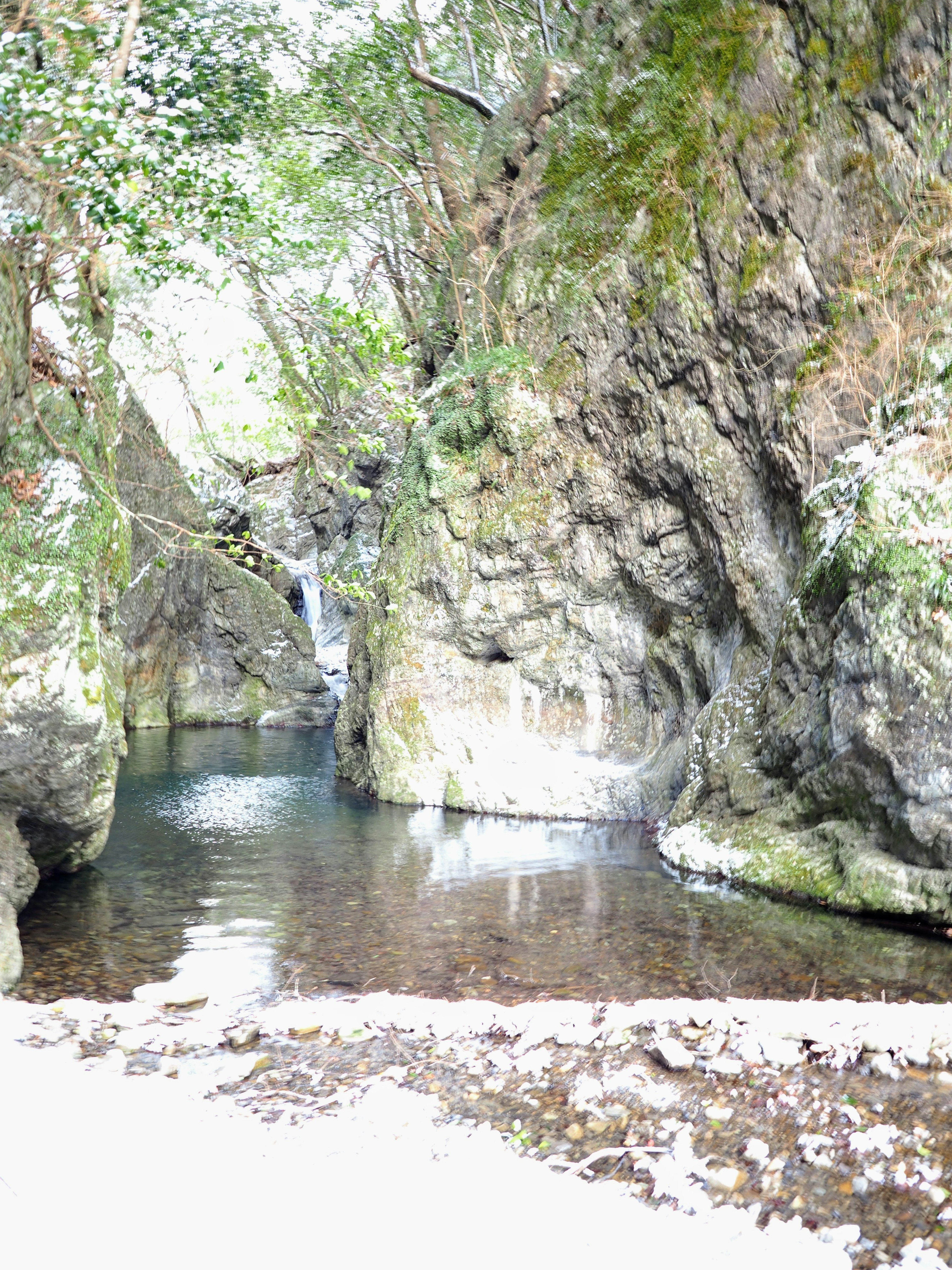 Pemandangan air yang tenang dikelilingi batu dengan daun hijau dan air terjun kecil