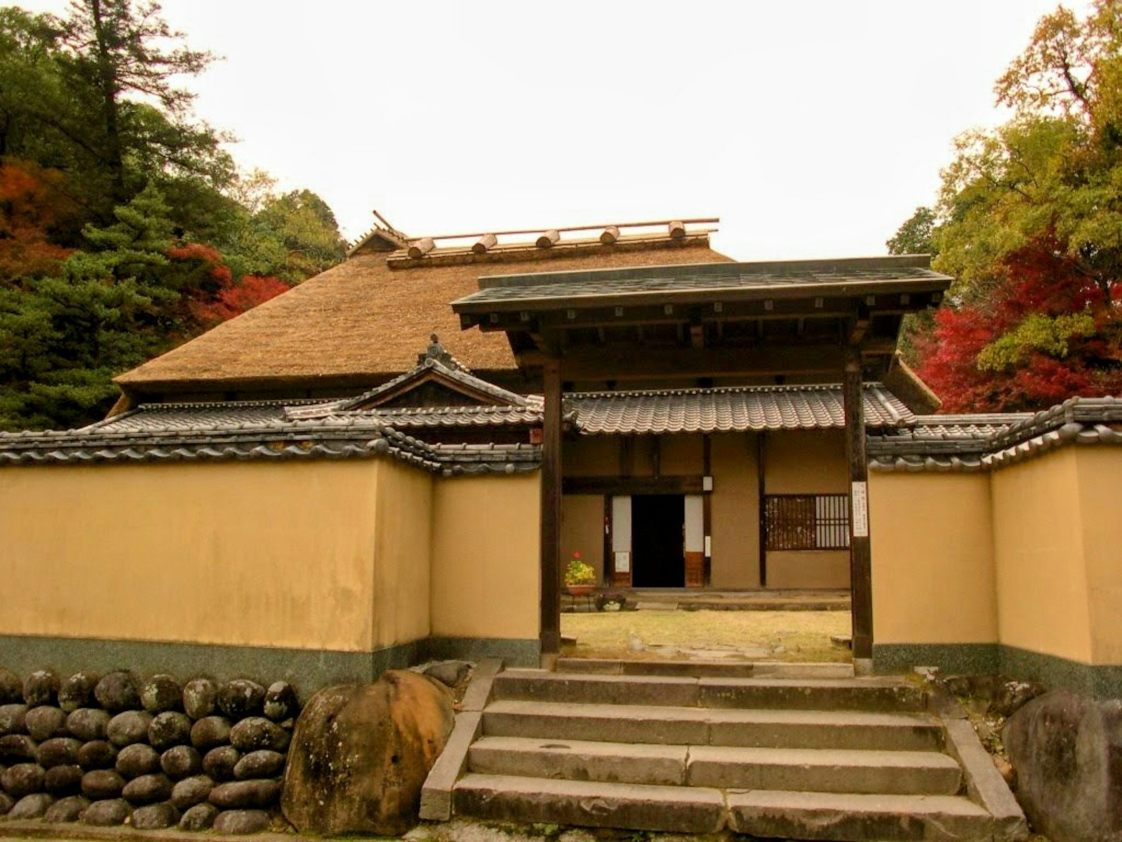 Blick auf ein traditionelles japanisches Haus mit buntem Herbstlaub darum