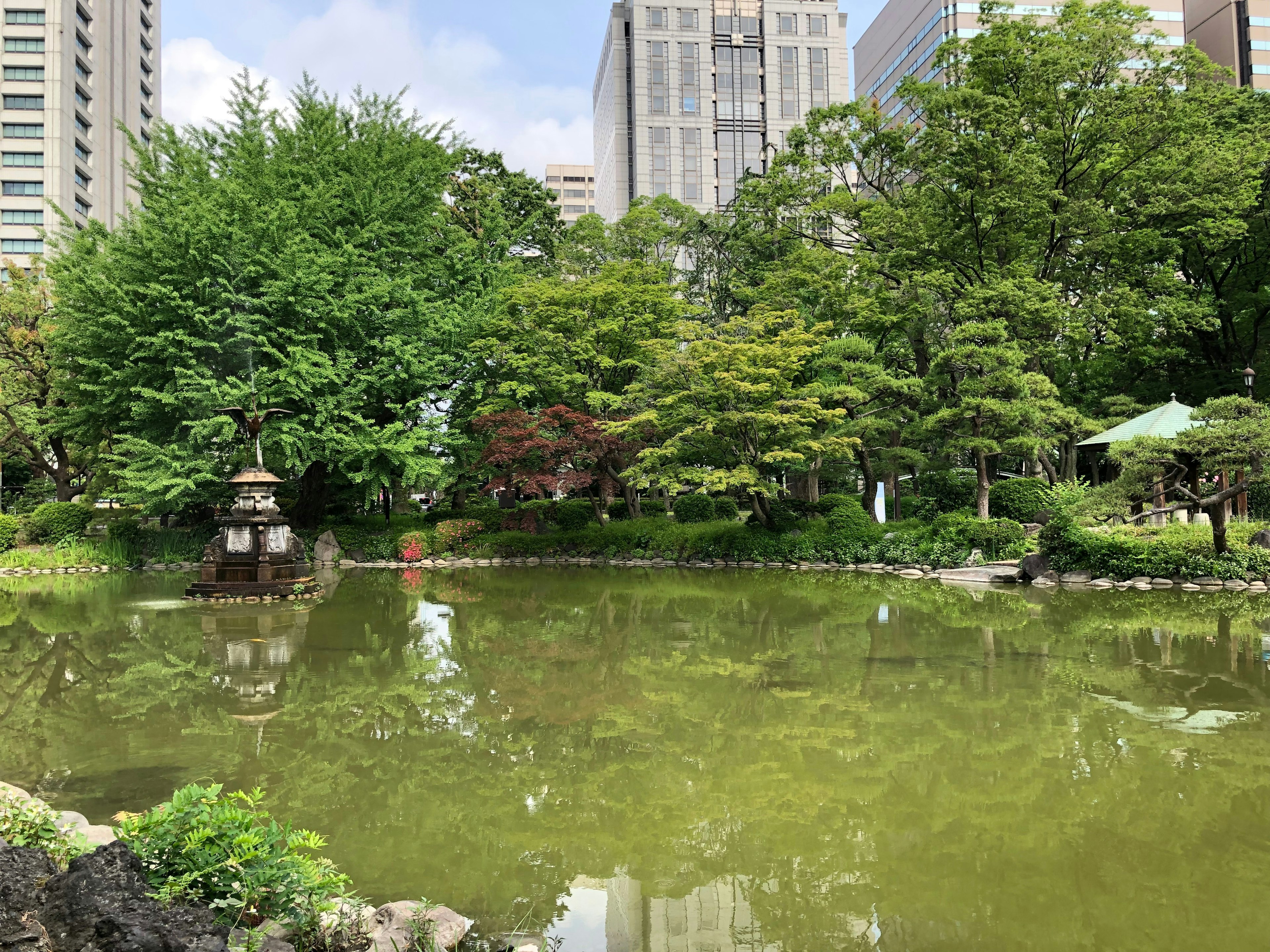 公園の池と緑豊かな木々の風景 高層ビルが背景にある