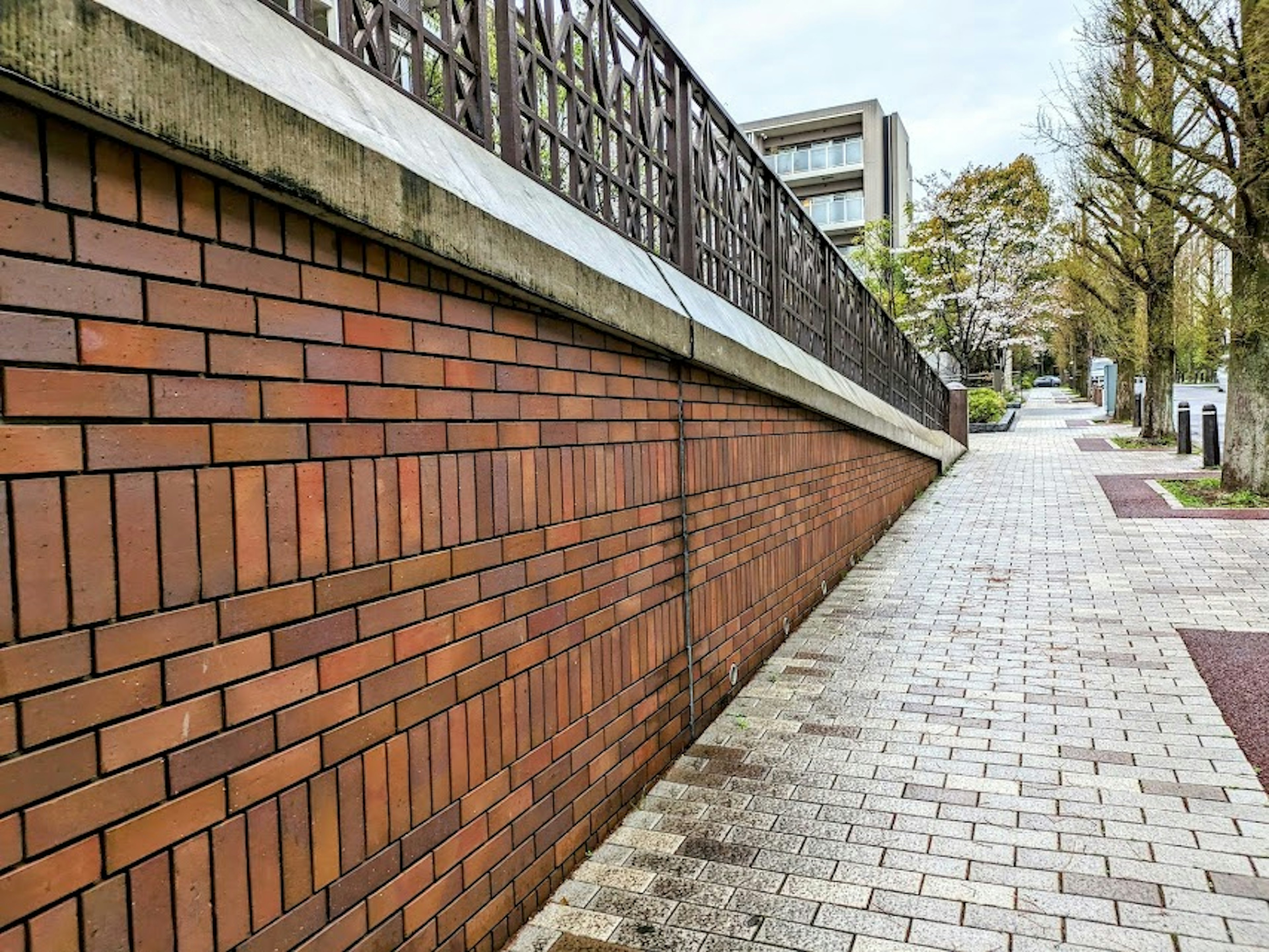 Muro di mattoni accanto a un marciapiede pavimentato con alberi