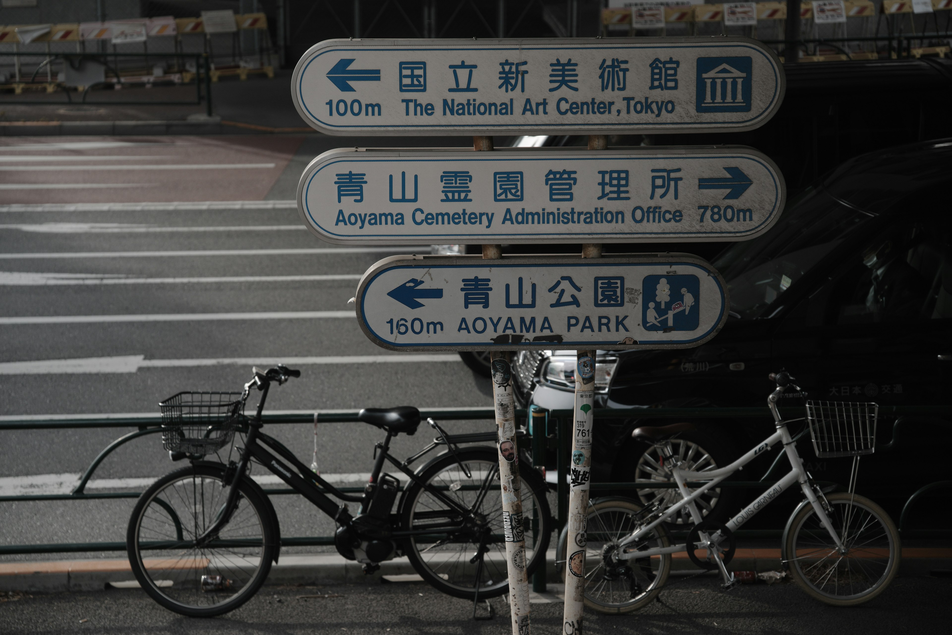 Wayfinding signpost at a city intersection with bicycles