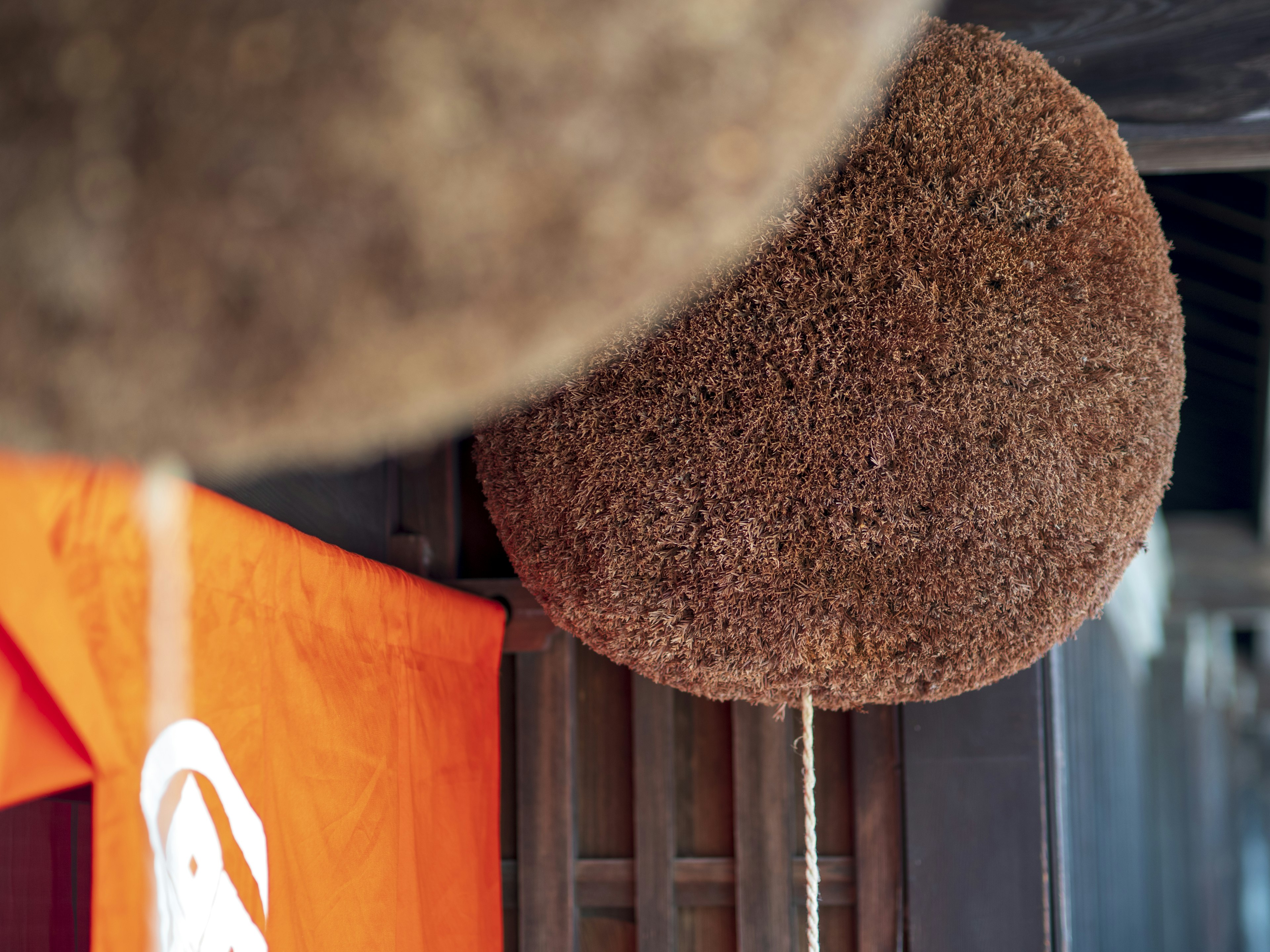 Oggetti circolari marroni appesi con una decorazione in tessuto arancione nelle vicinanze