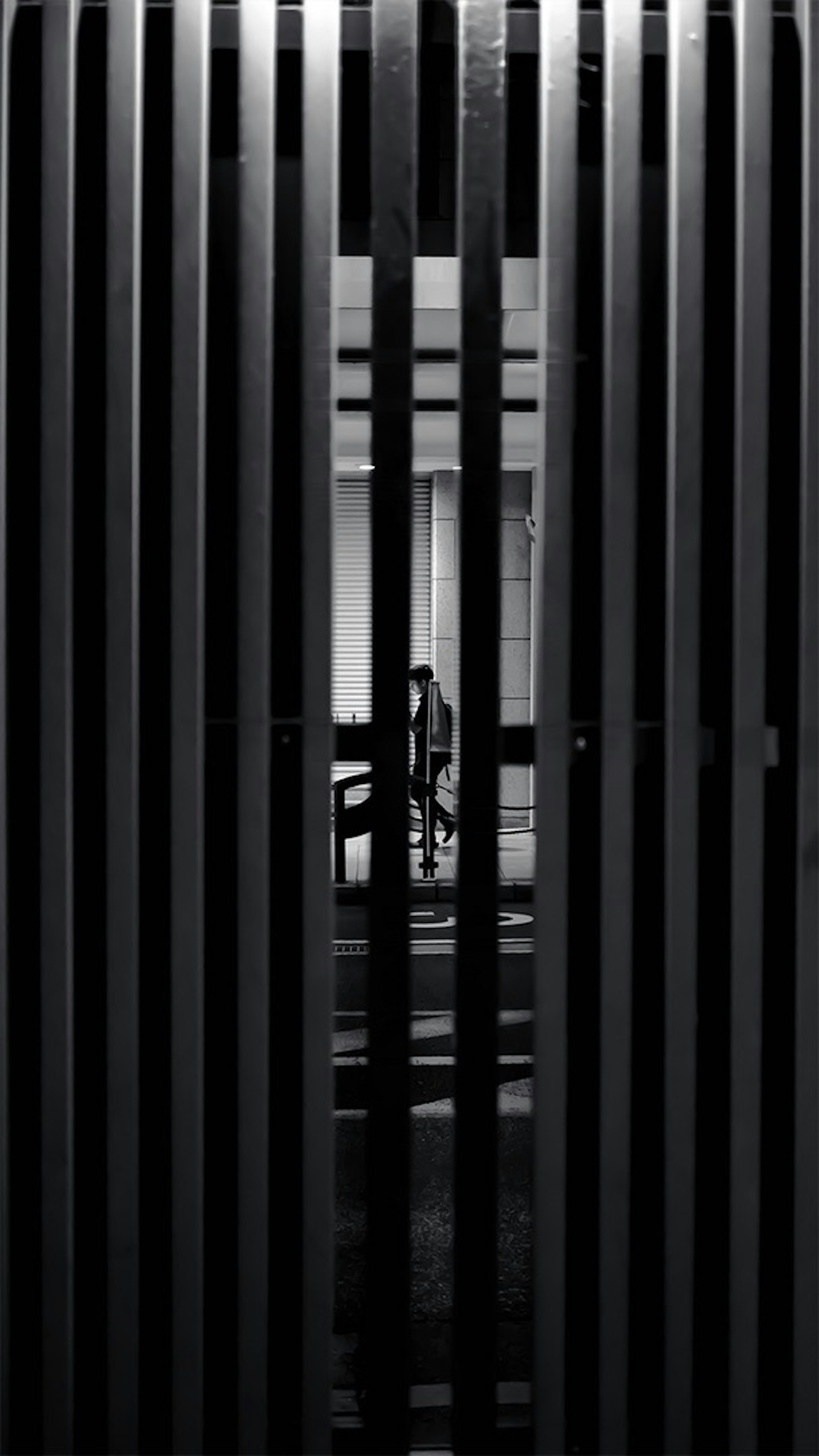 Silhouette of a person visible through black stripes