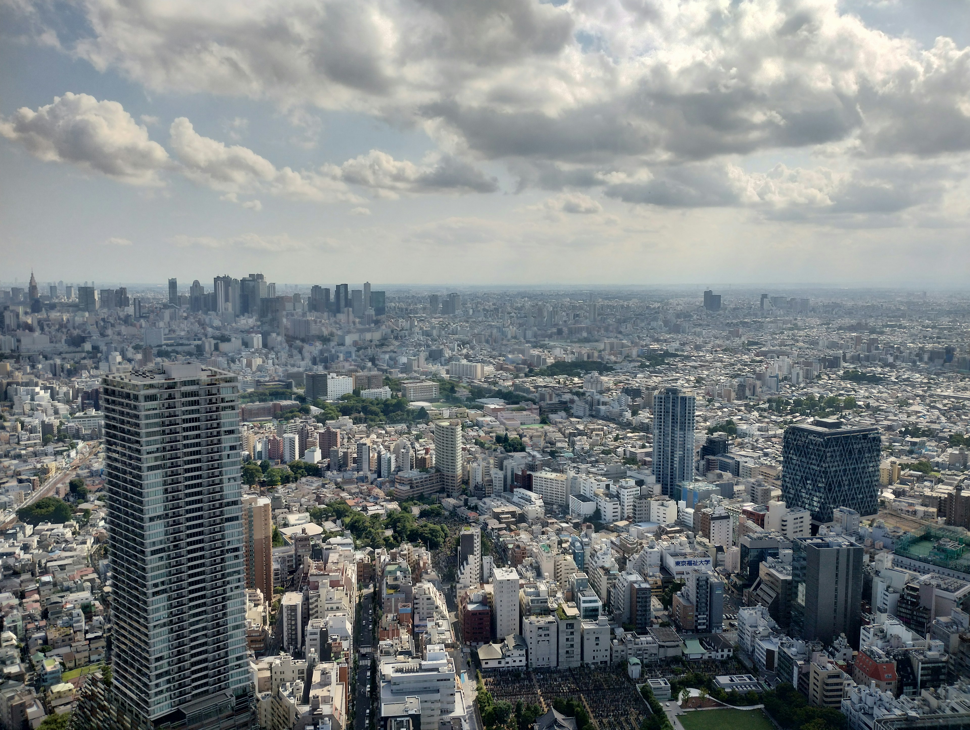 Pemandangan panorama lanskap perkotaan Tokyo yang luas dengan gedung pencakar langit dan awan yang luas