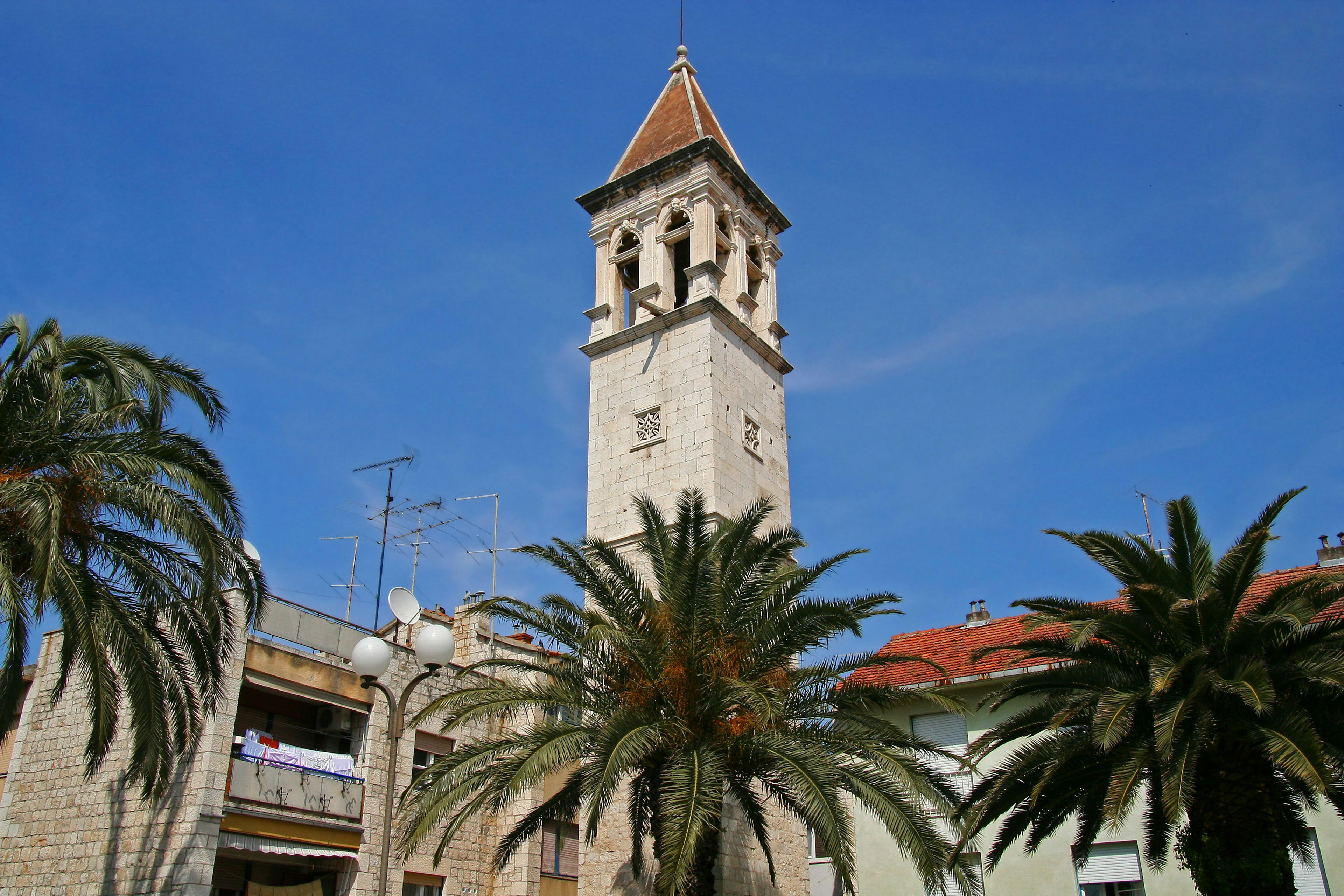 Palmen und Kirchturm unter einem klaren blauen Himmel