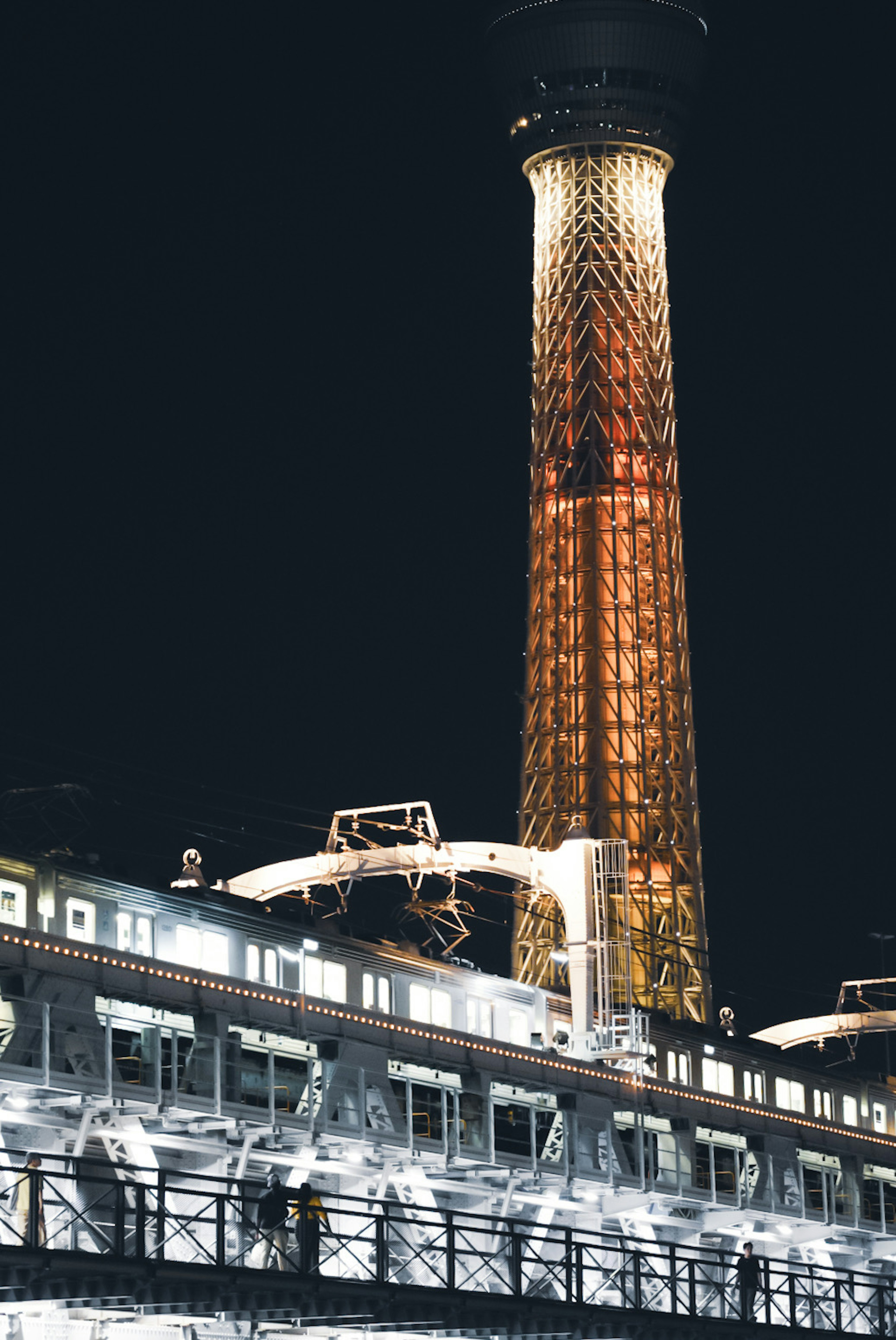 Tokyo Skytree illuminated at night with nearby structures