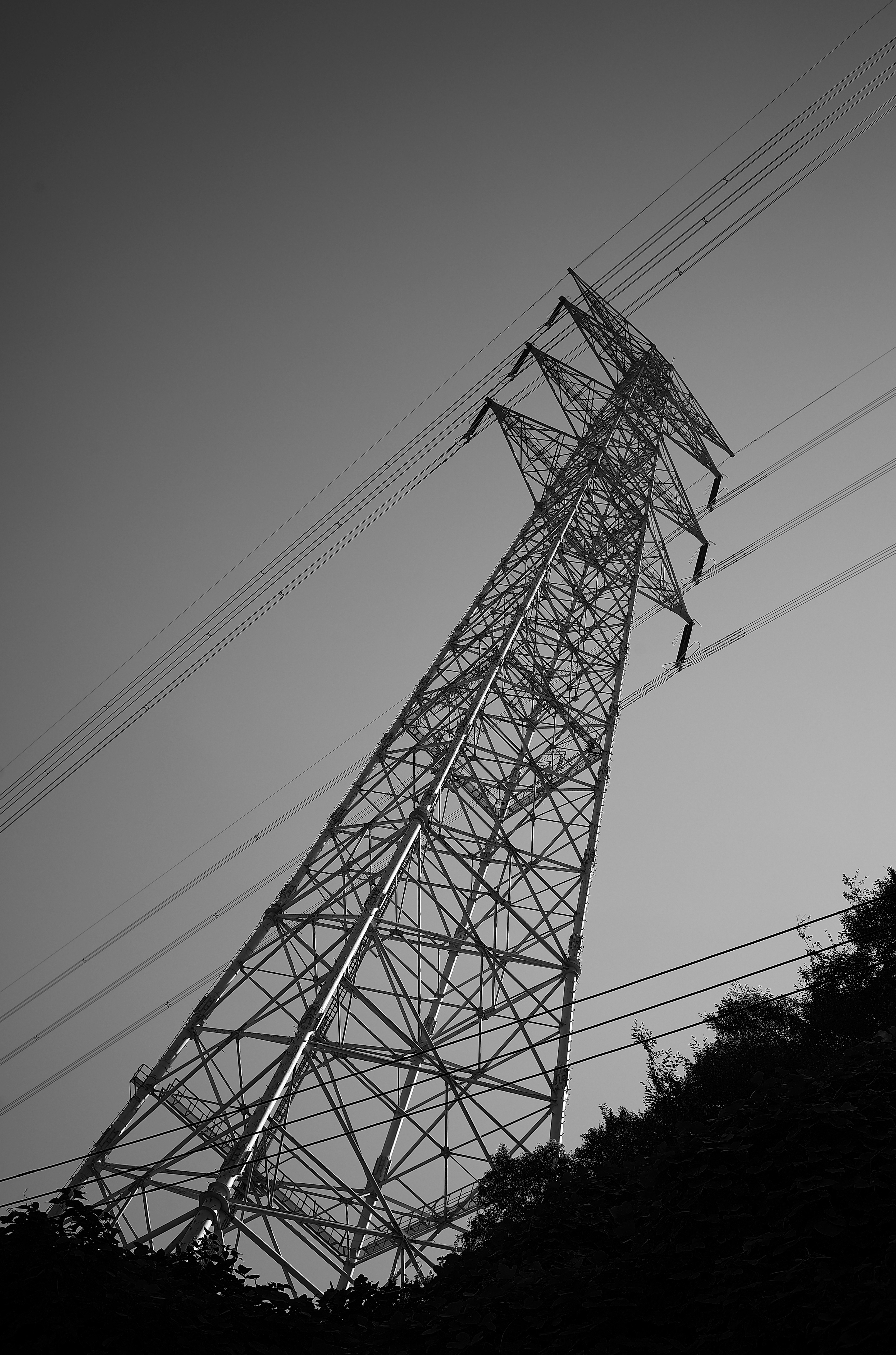 Torre de alta tensión se eleva contra un fondo monocromático