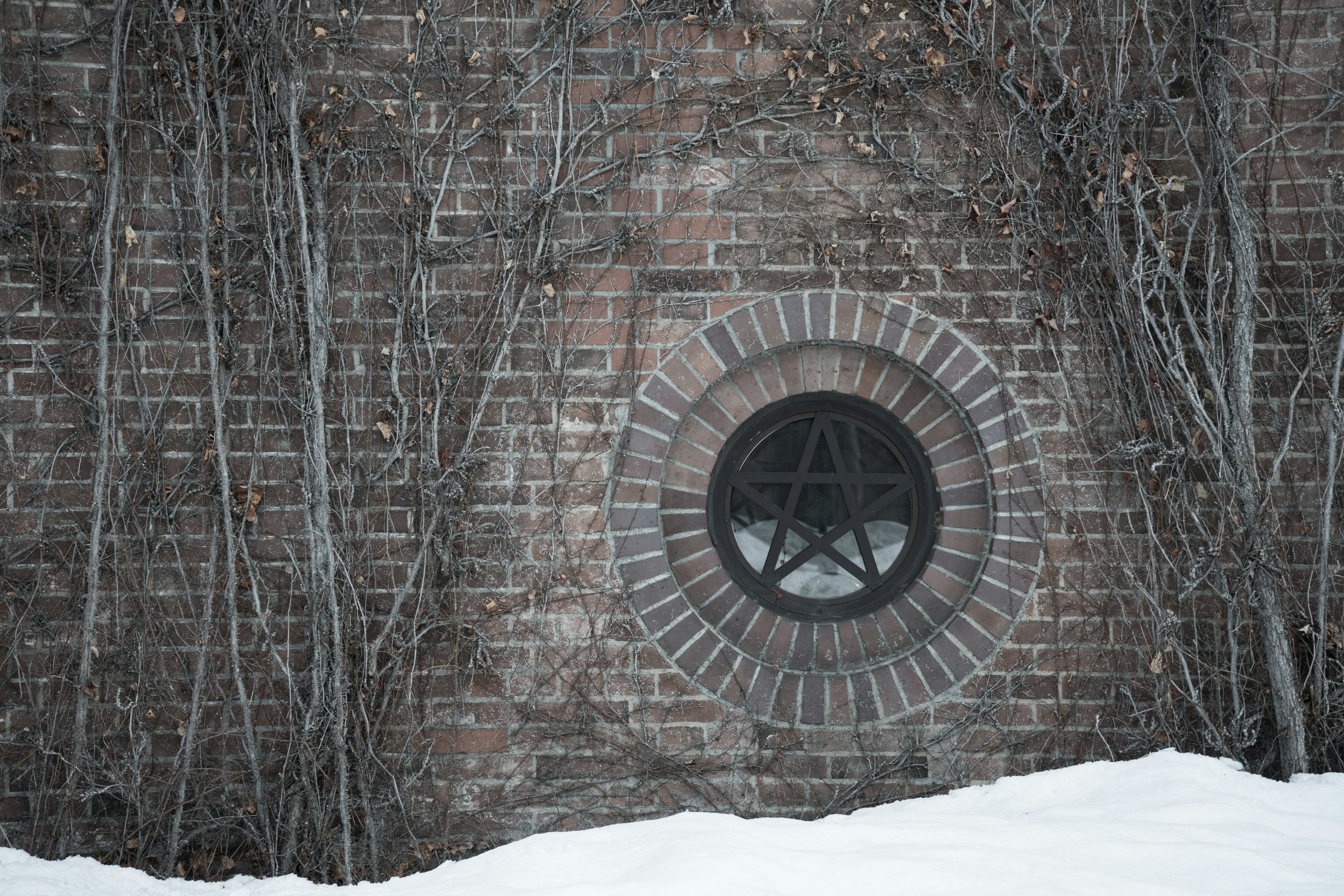 Una ventana en forma de estrella rodeada de vides cerca de un muro cubierto de nieve