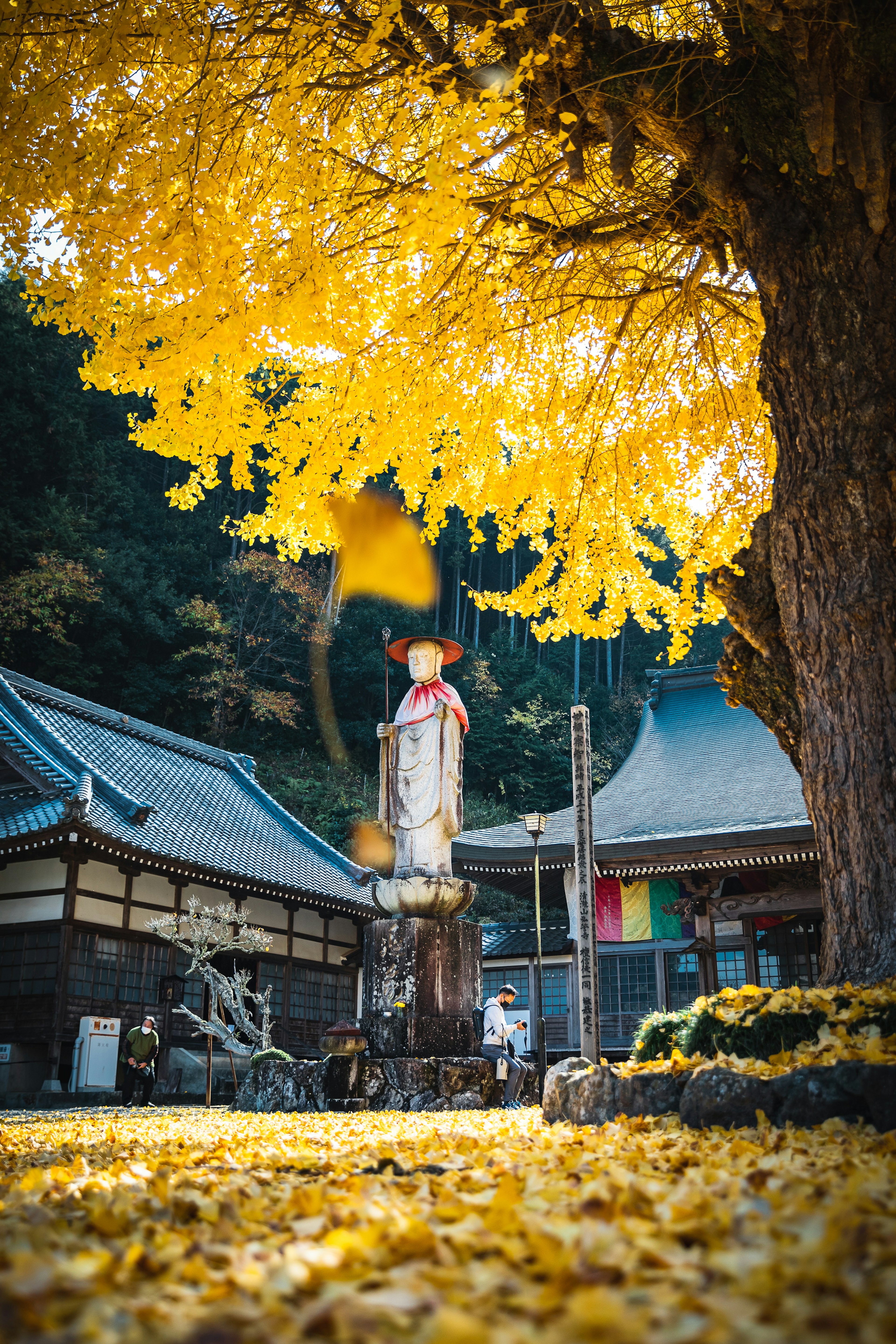 Scenic view of a shrine surrounded by autumn yellow leaves and a wooden statue