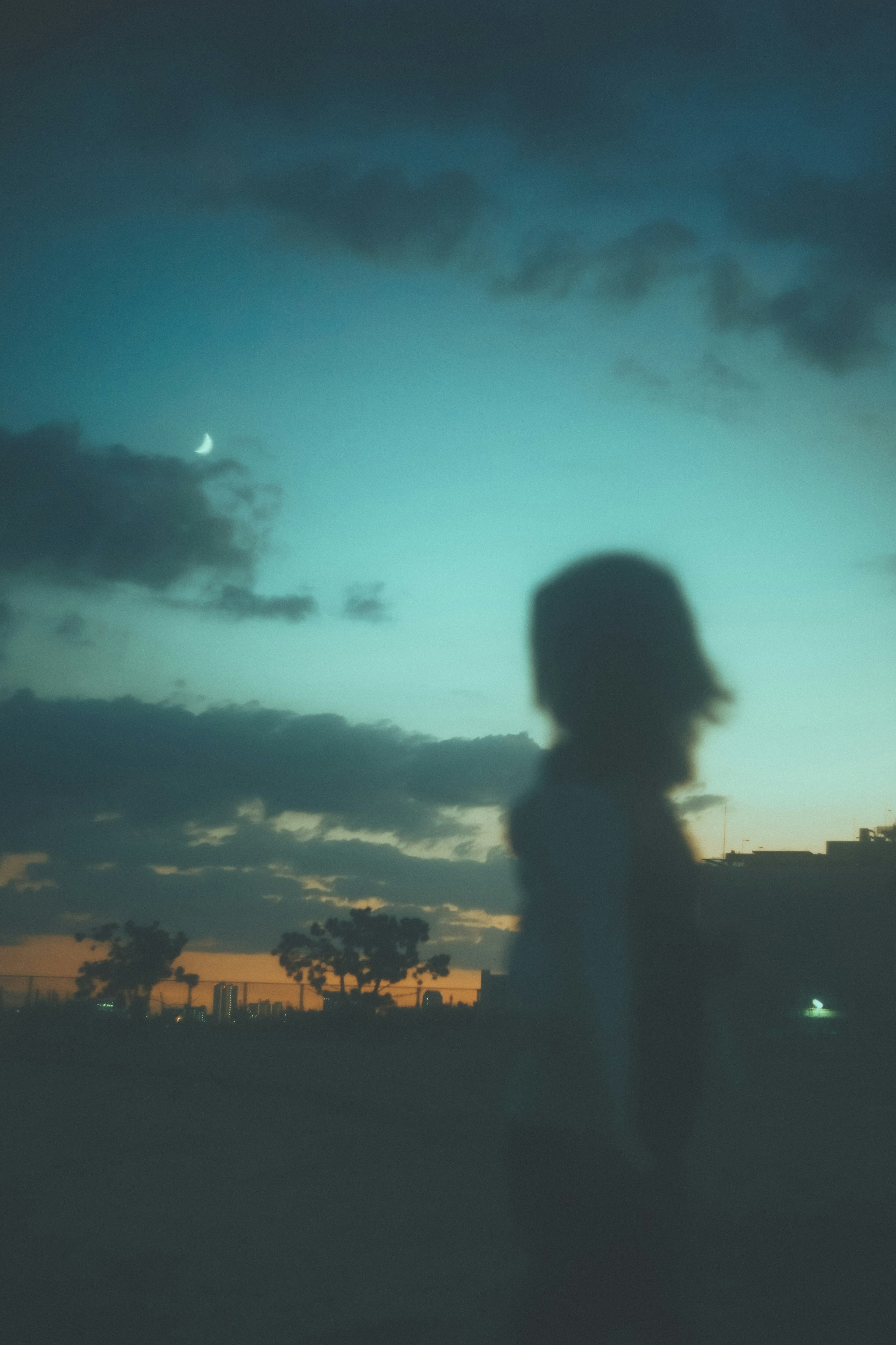 Silhouette of a child against a twilight sky with clouds and a crescent moon