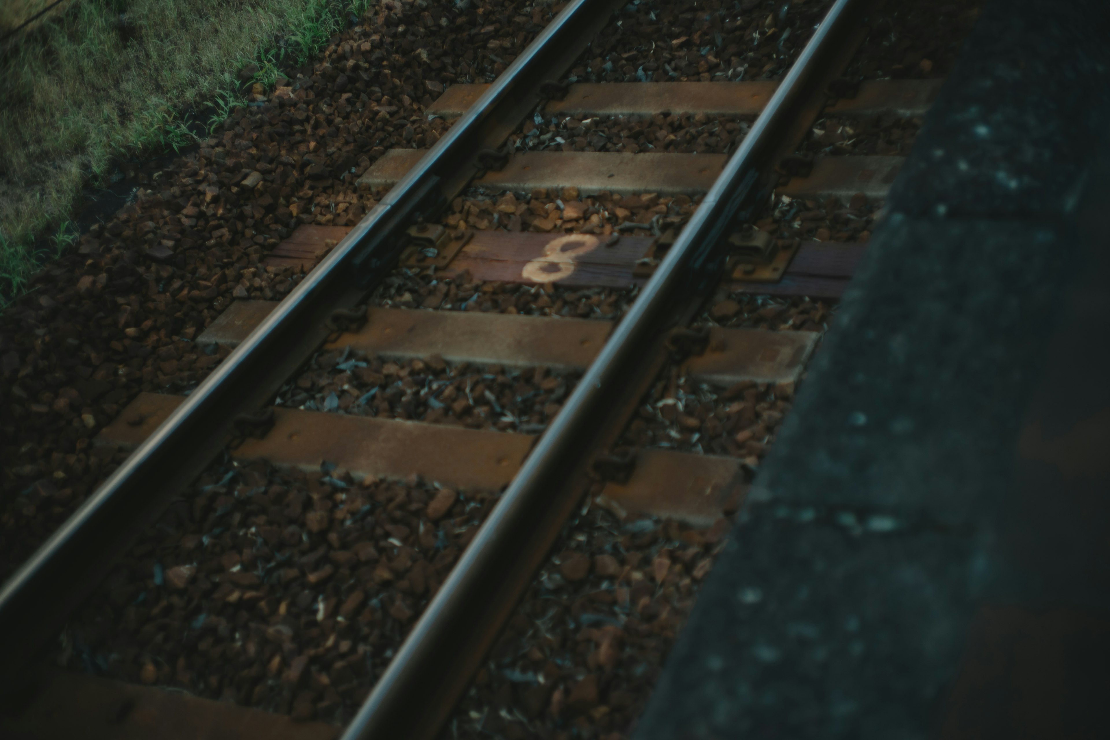 Vías de tren con enfoque en el número 8 en las traviesas de madera en un área de césped