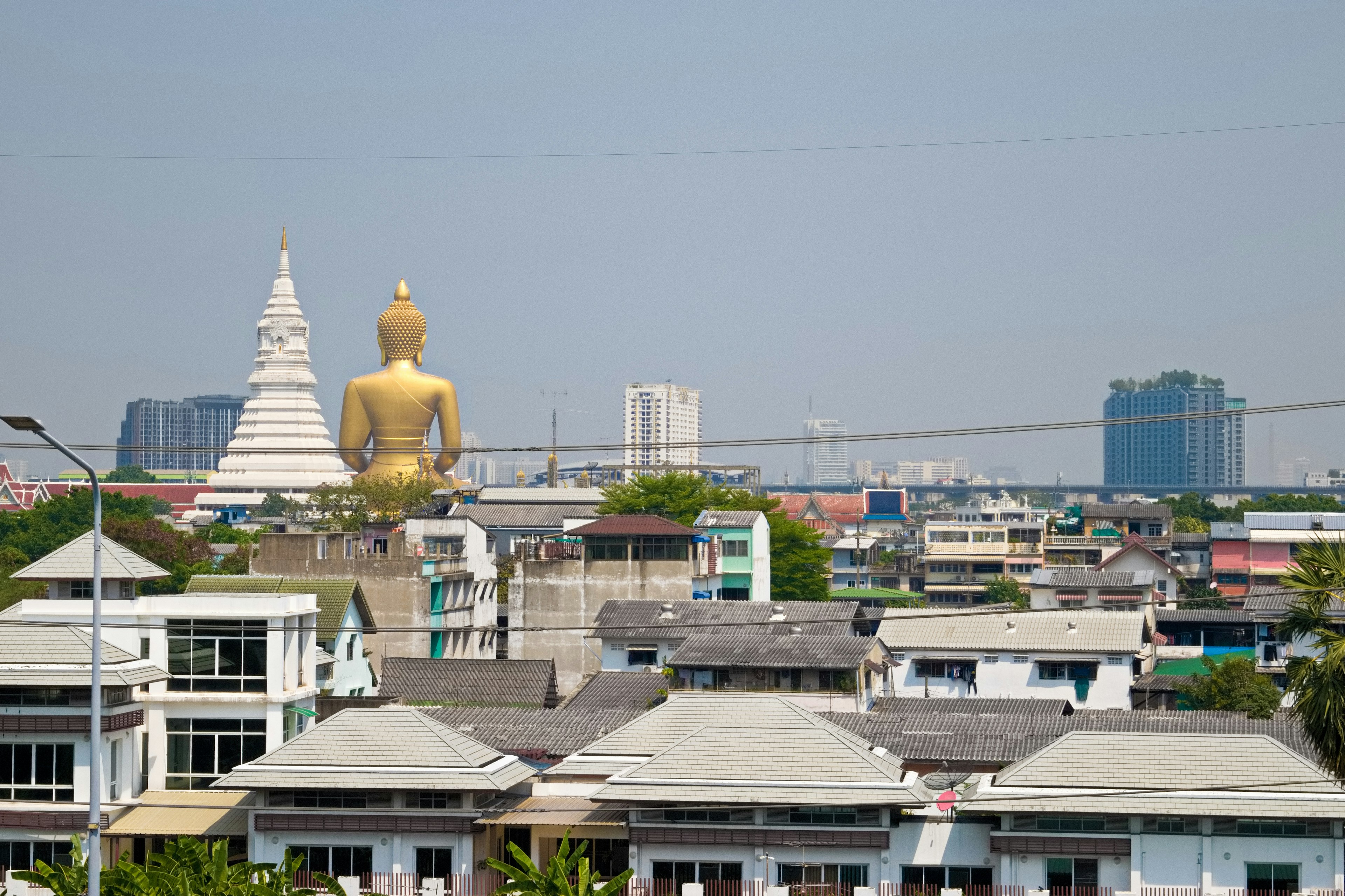 城市风景，背景有大型金色佛像和白色寺庙，前面是高楼大厦