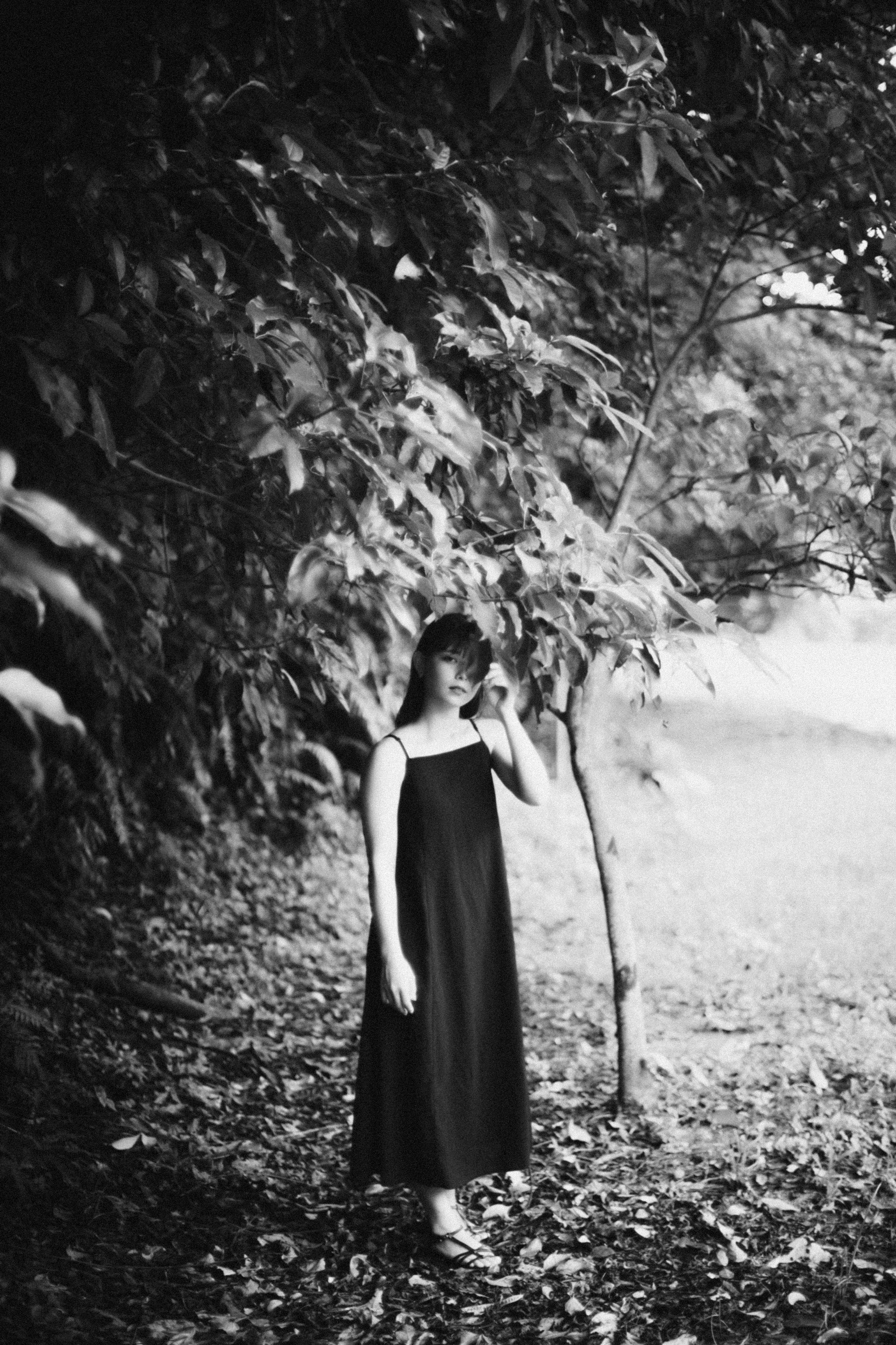 A woman in a black dress standing in nature surrounded by greenery