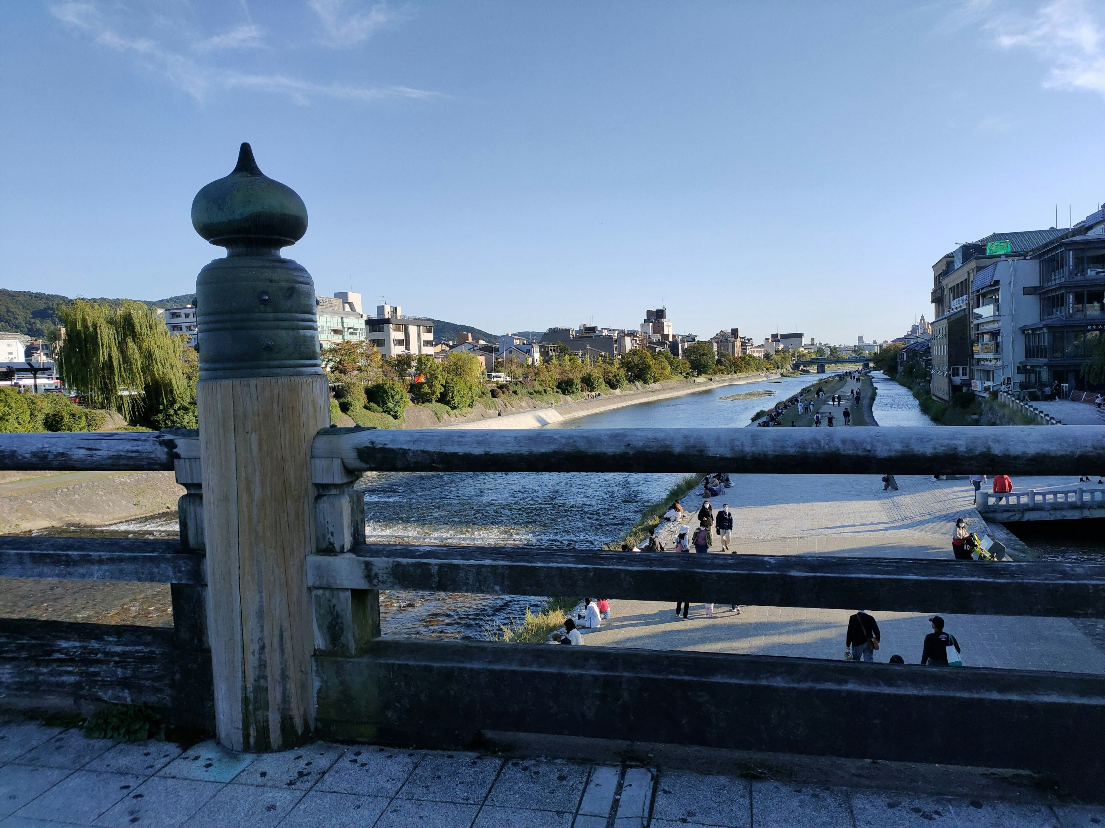 View from a bridge overlooking a river and buildings