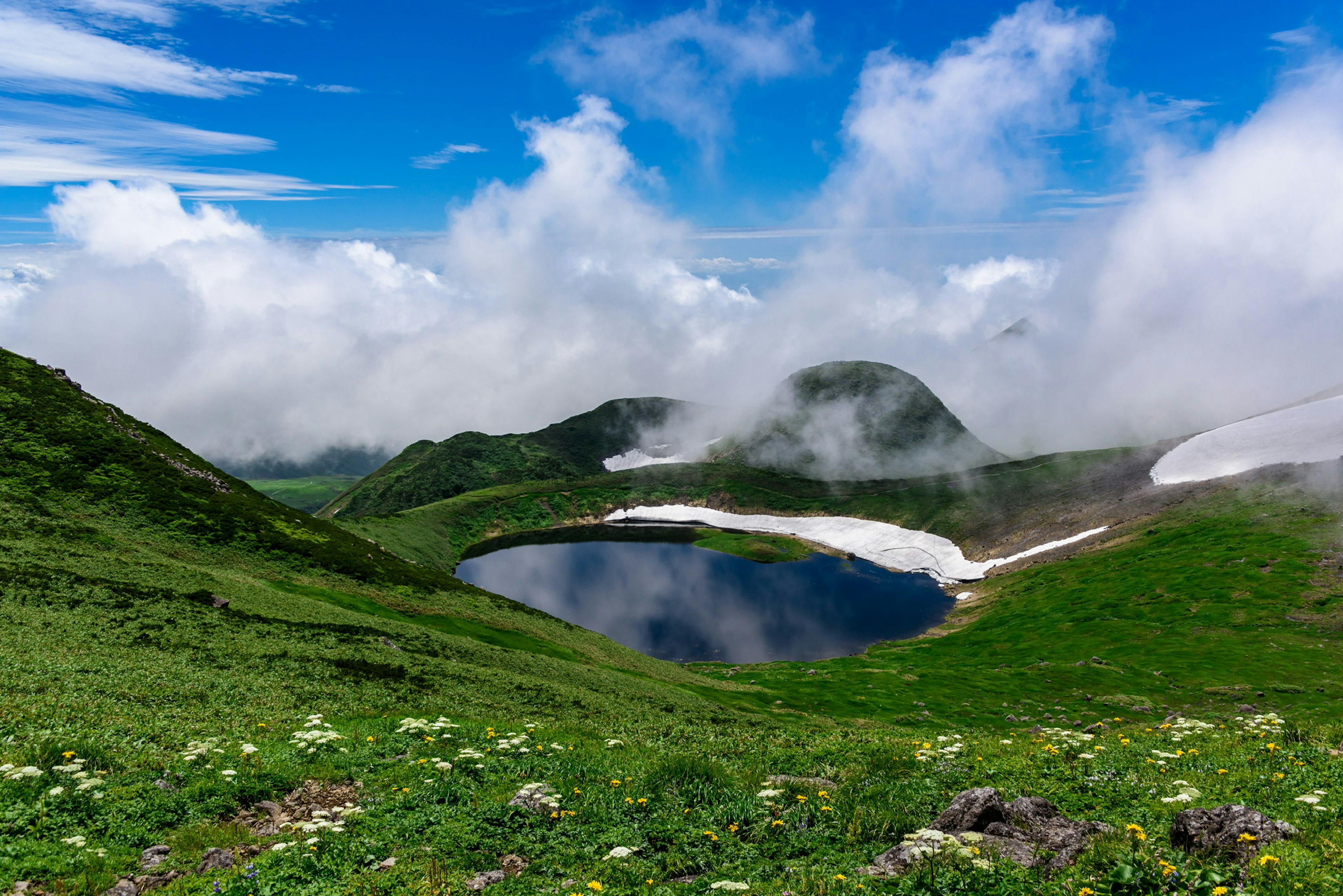 Scenic view of a tranquil lake surrounded by lush green meadows and mountains with snow