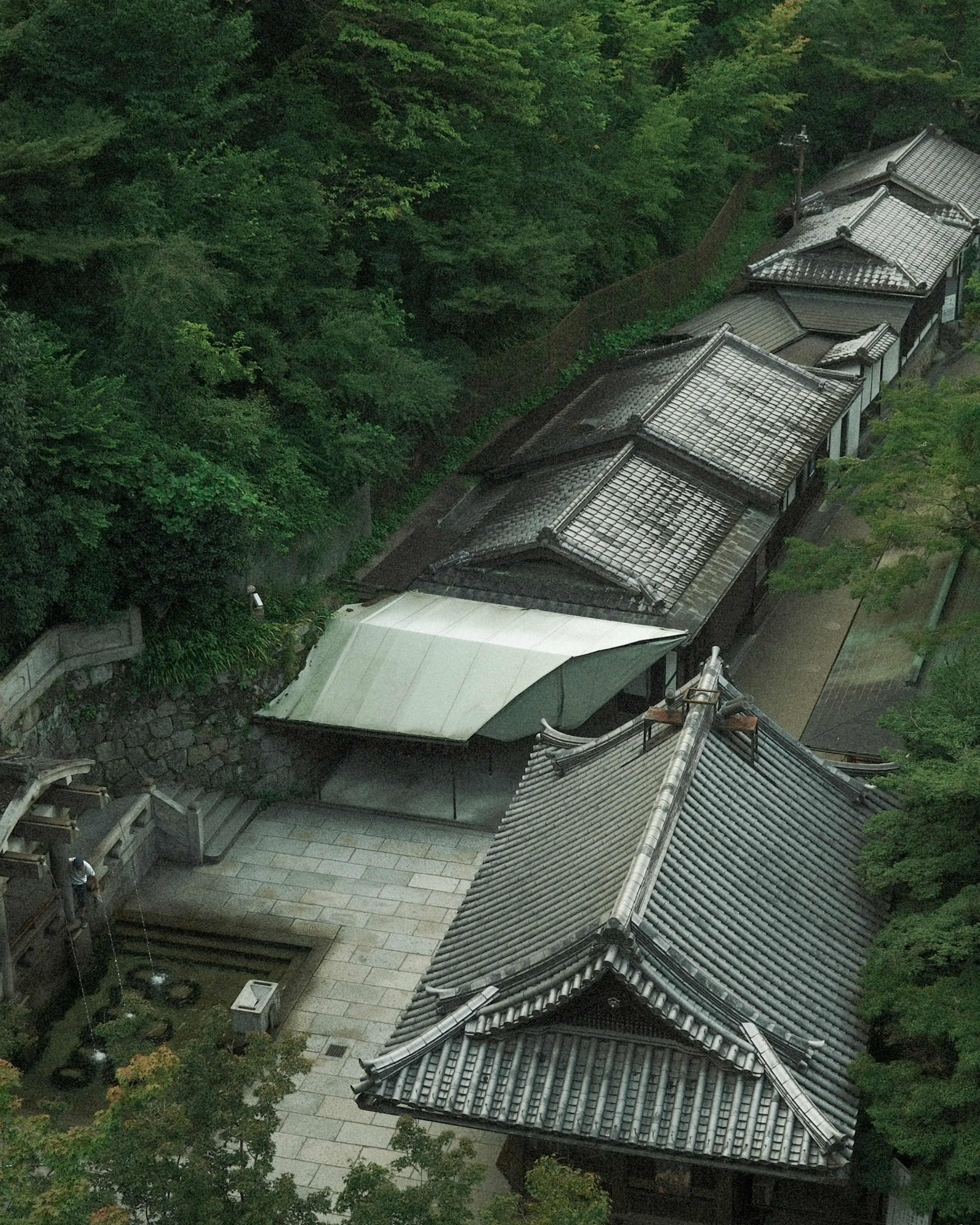 Aerial view of traditional Japanese buildings surrounded by greenery