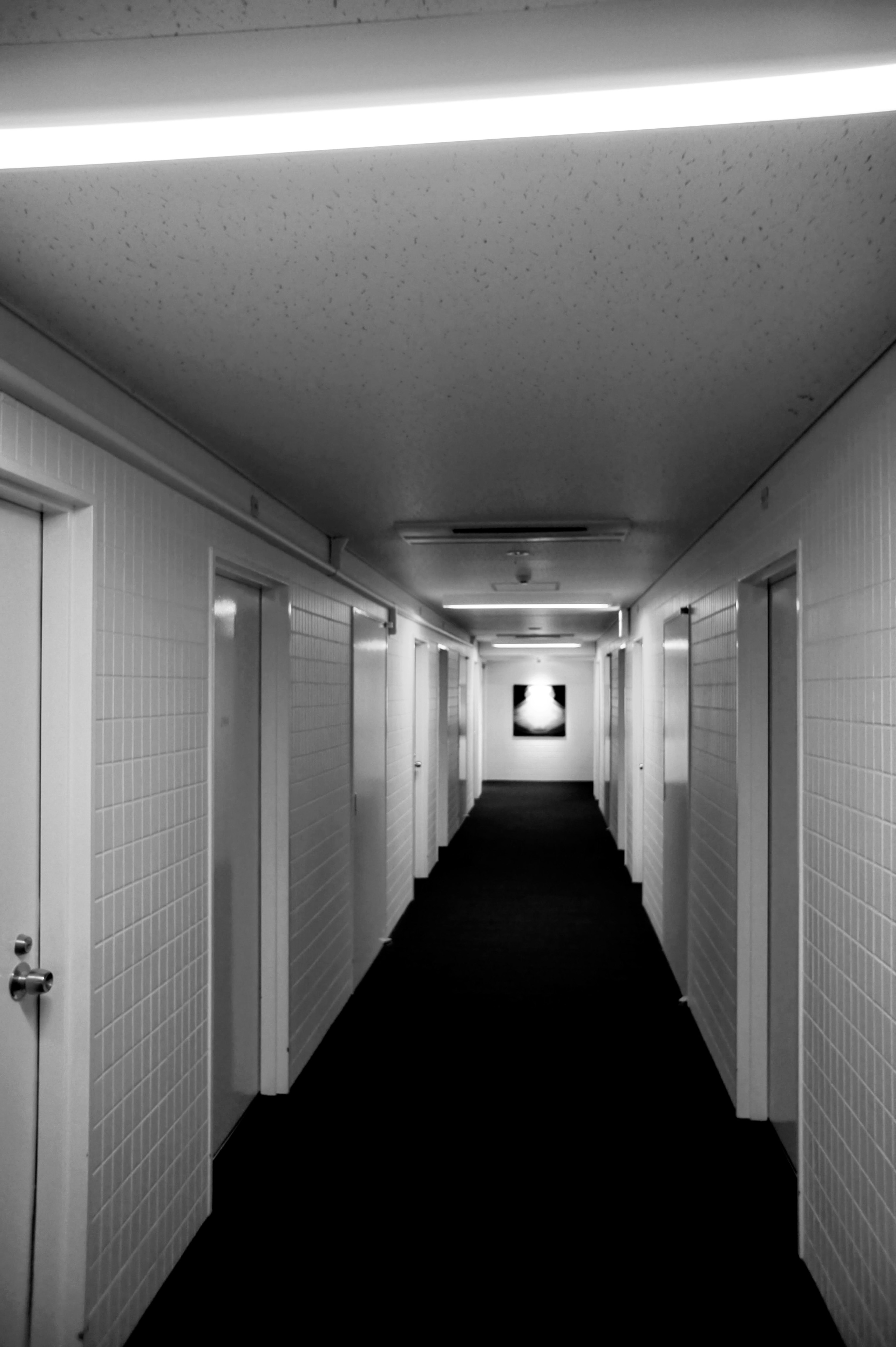 Long corridor with white doors and a central artwork in a monochrome photo