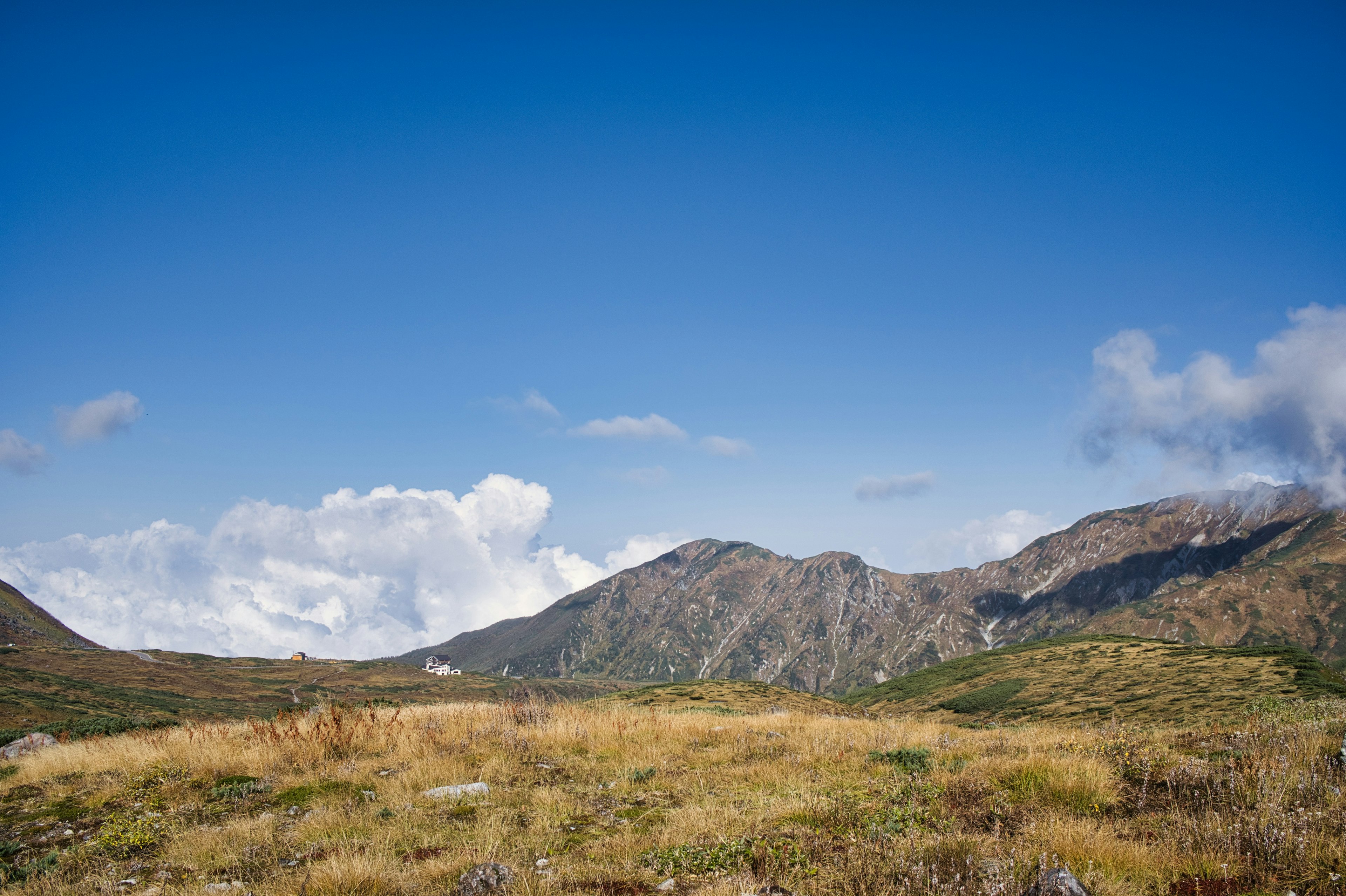 Landscape of mountains and grassland under a blue sky