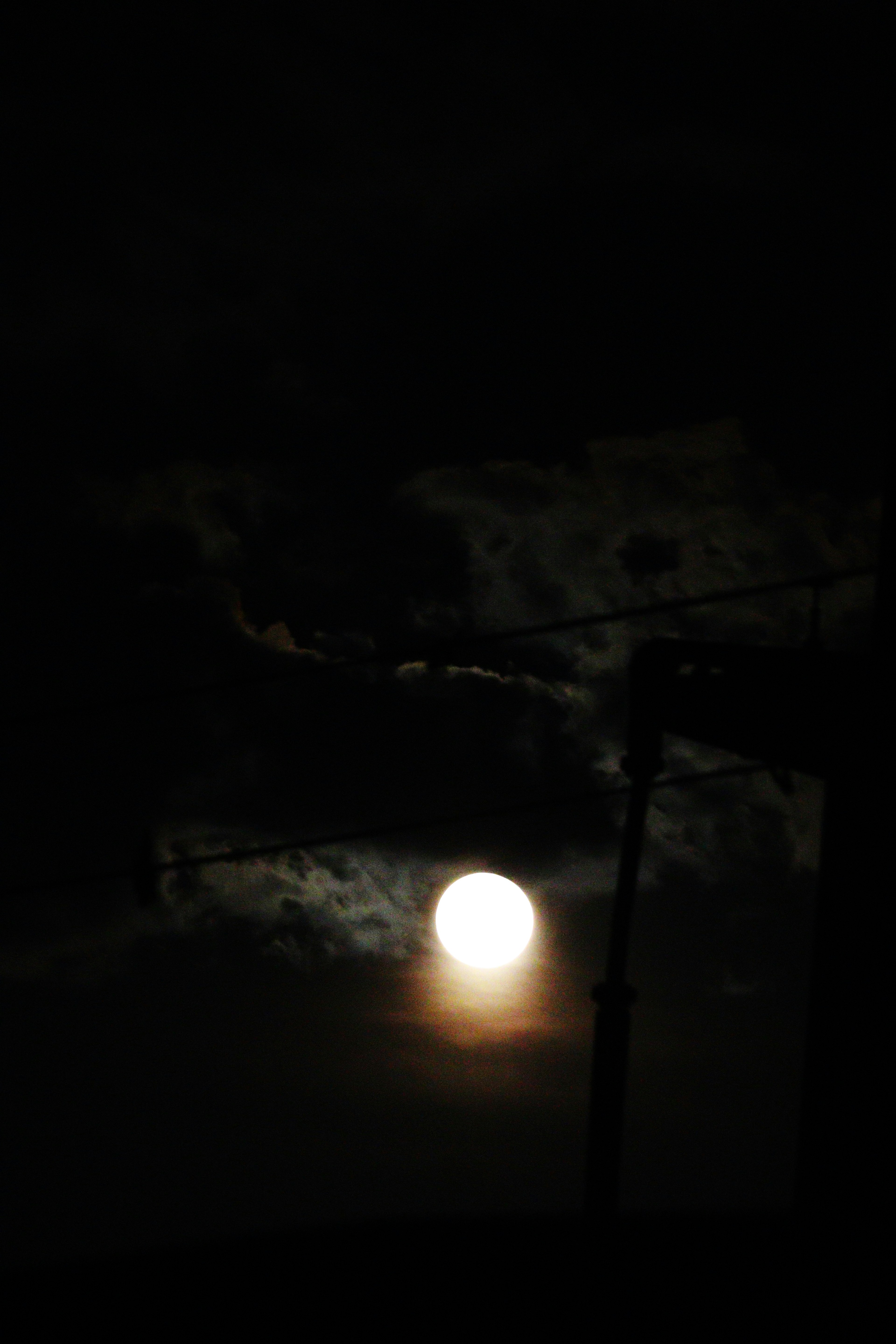 Bright moon illuminated against a dark sky with silhouettes of clouds