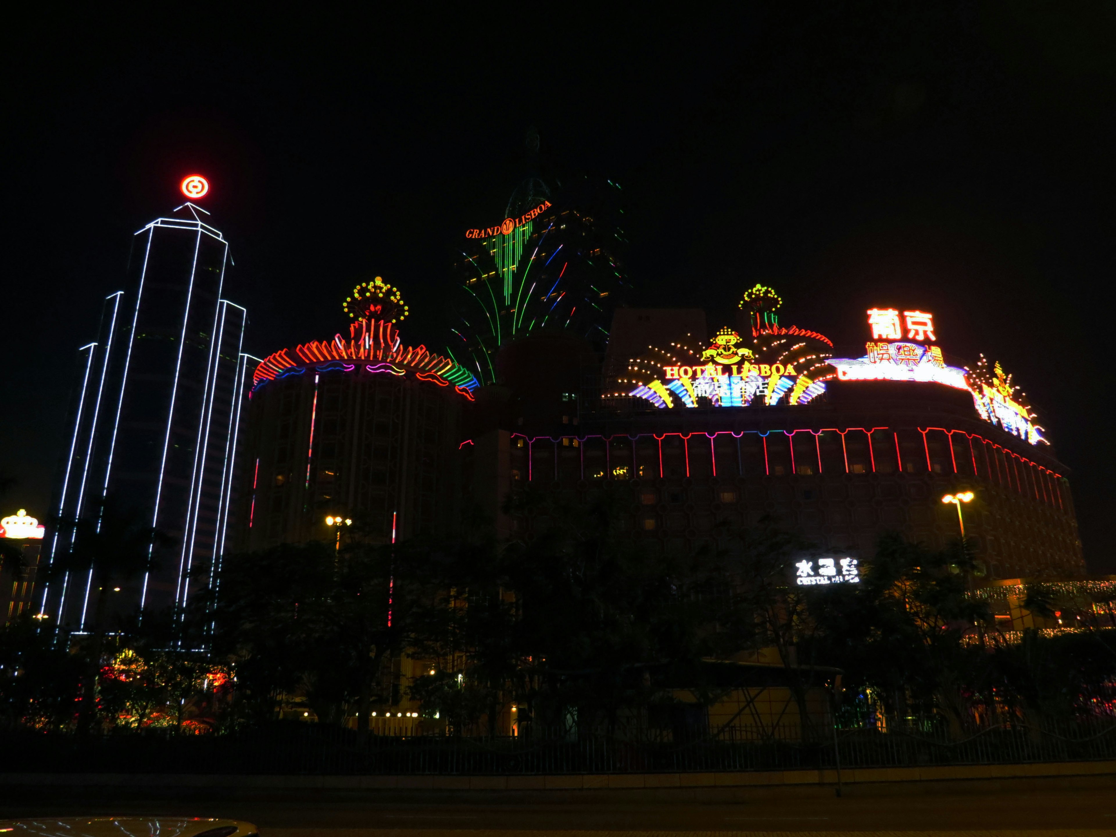 Vibrant illuminated casino buildings at night showcasing colorful lights