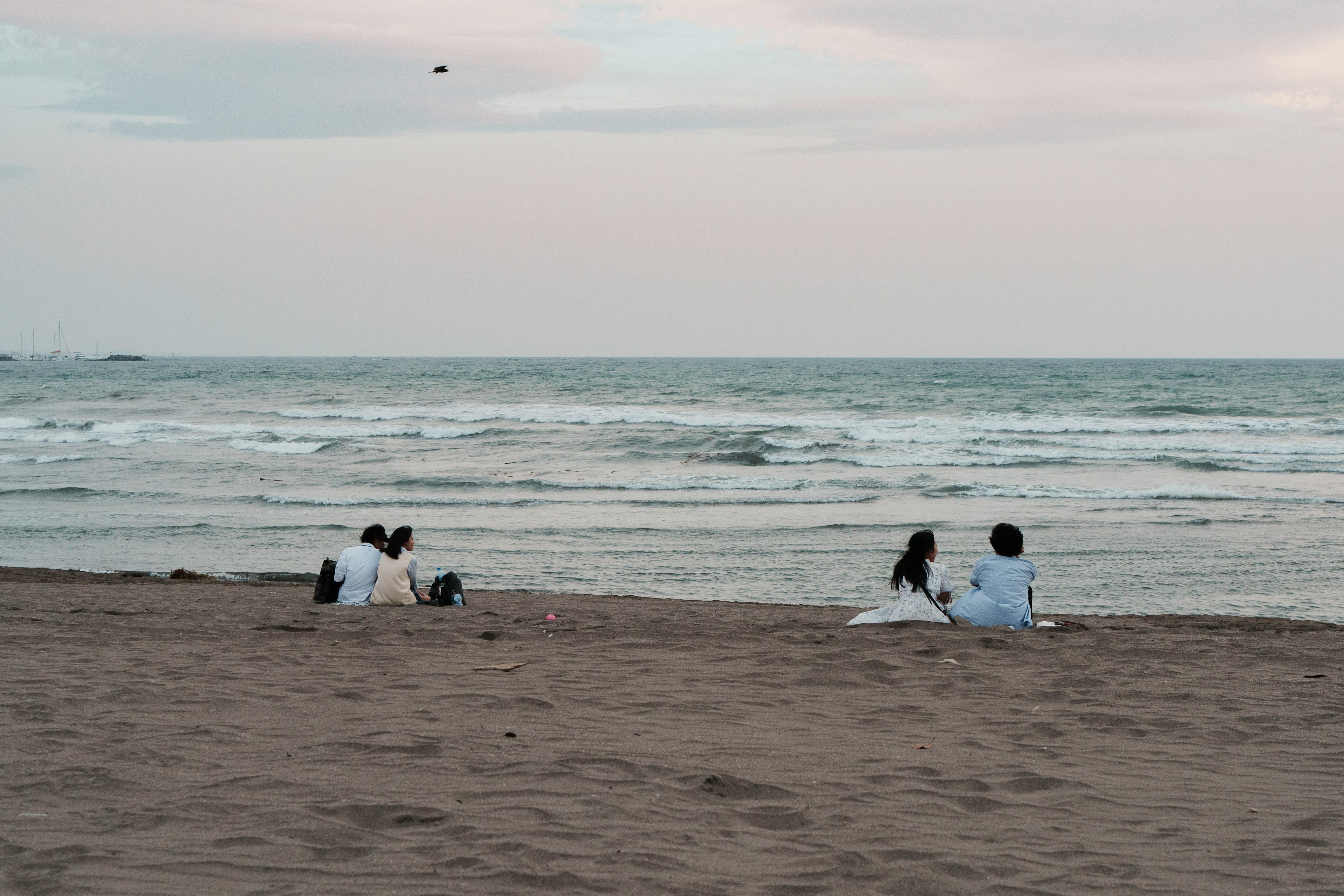 海岸で座っている人々と穏やかな波の景色