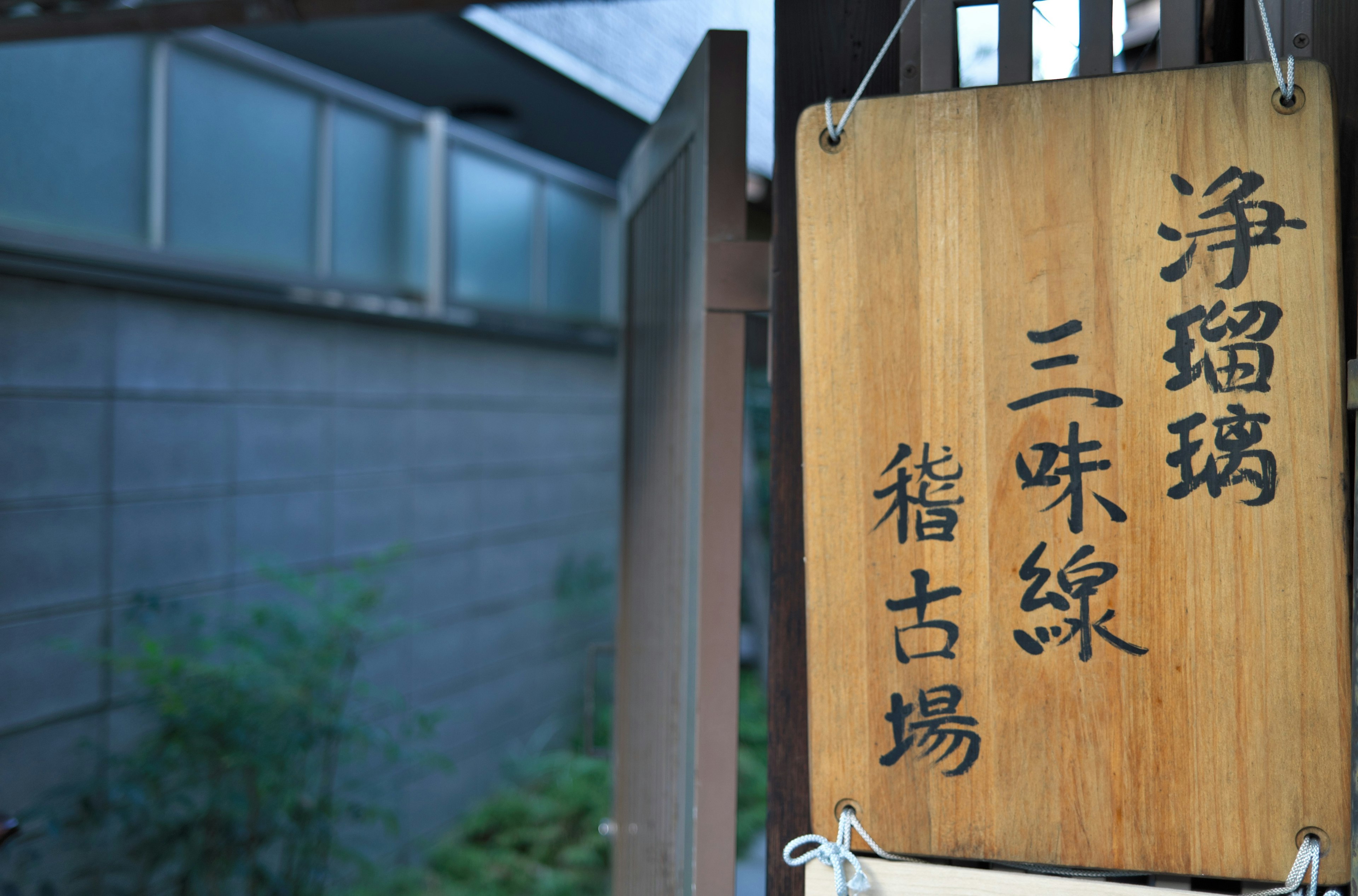 Panneau en bois avec des caractères japonais et verdure en arrière-plan