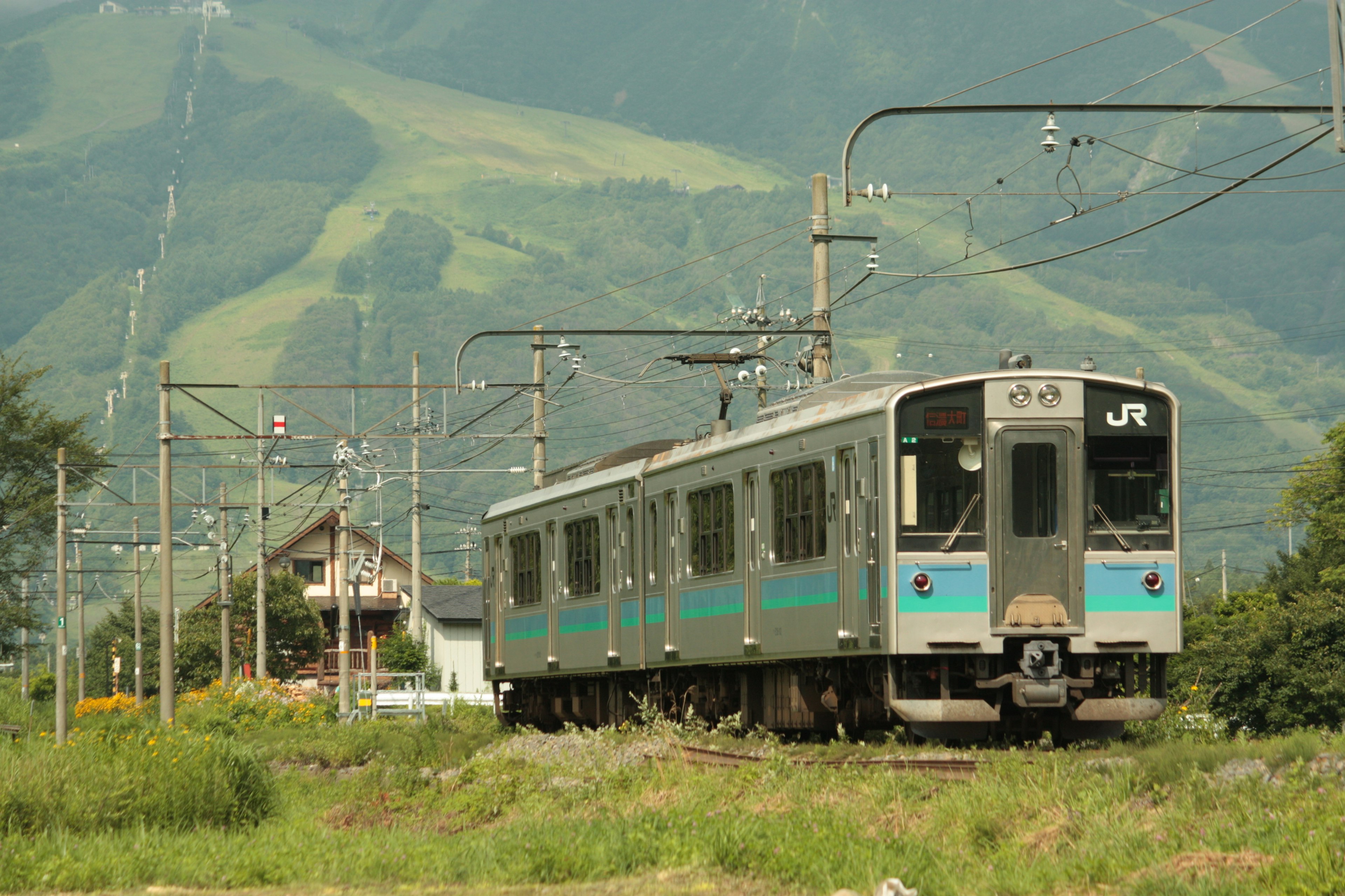 緑の山々を背景に走るJRの列車と周囲の風景