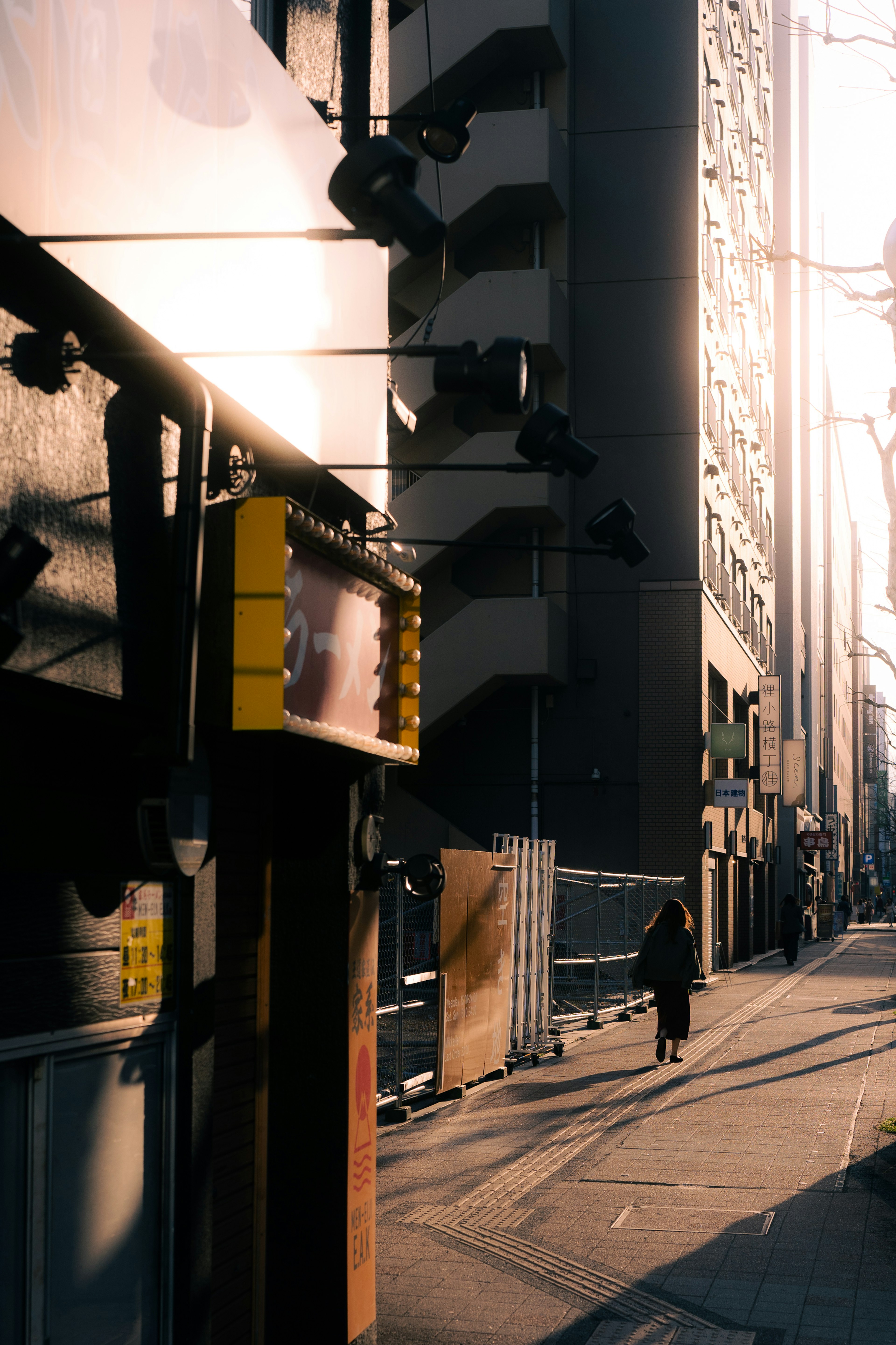 A person walking on a city street with sunlight shining