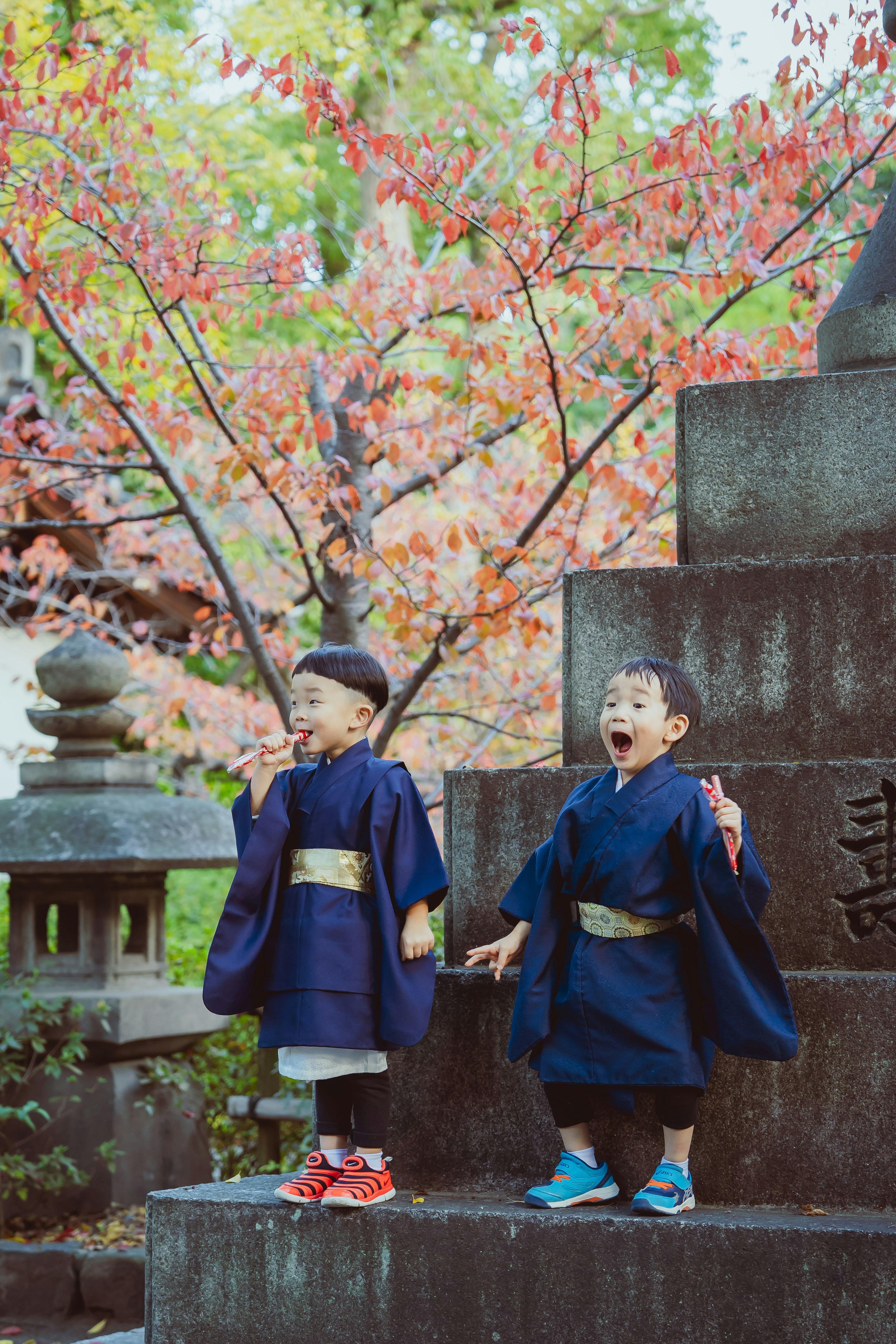 Zwei Kinder in traditioneller japanischer Kleidung lachen in einer herbstlichen Umgebung