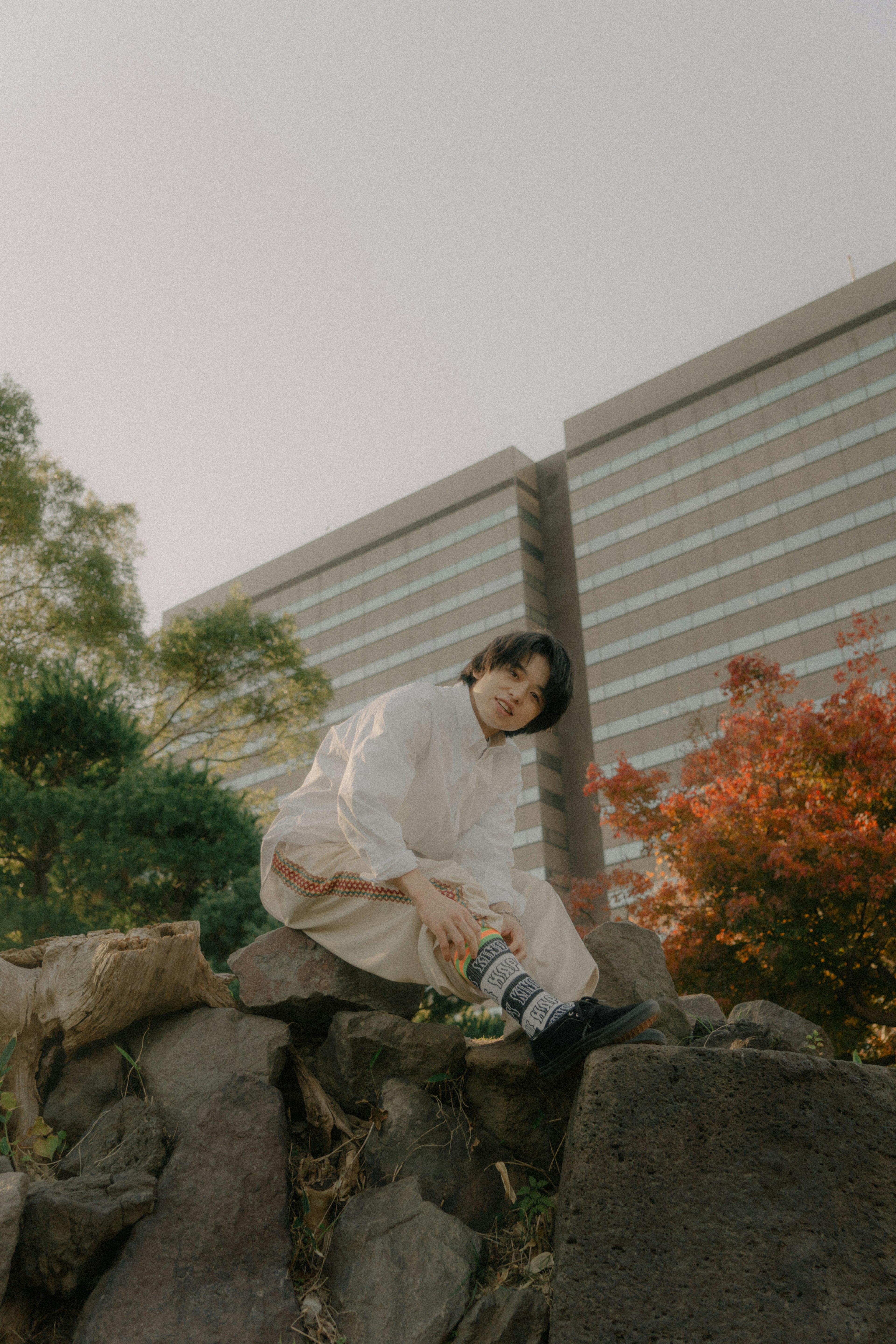 公園の岩の上に座っている若い女性のポートレート 背景には高層ビルと色づいた木々が見える