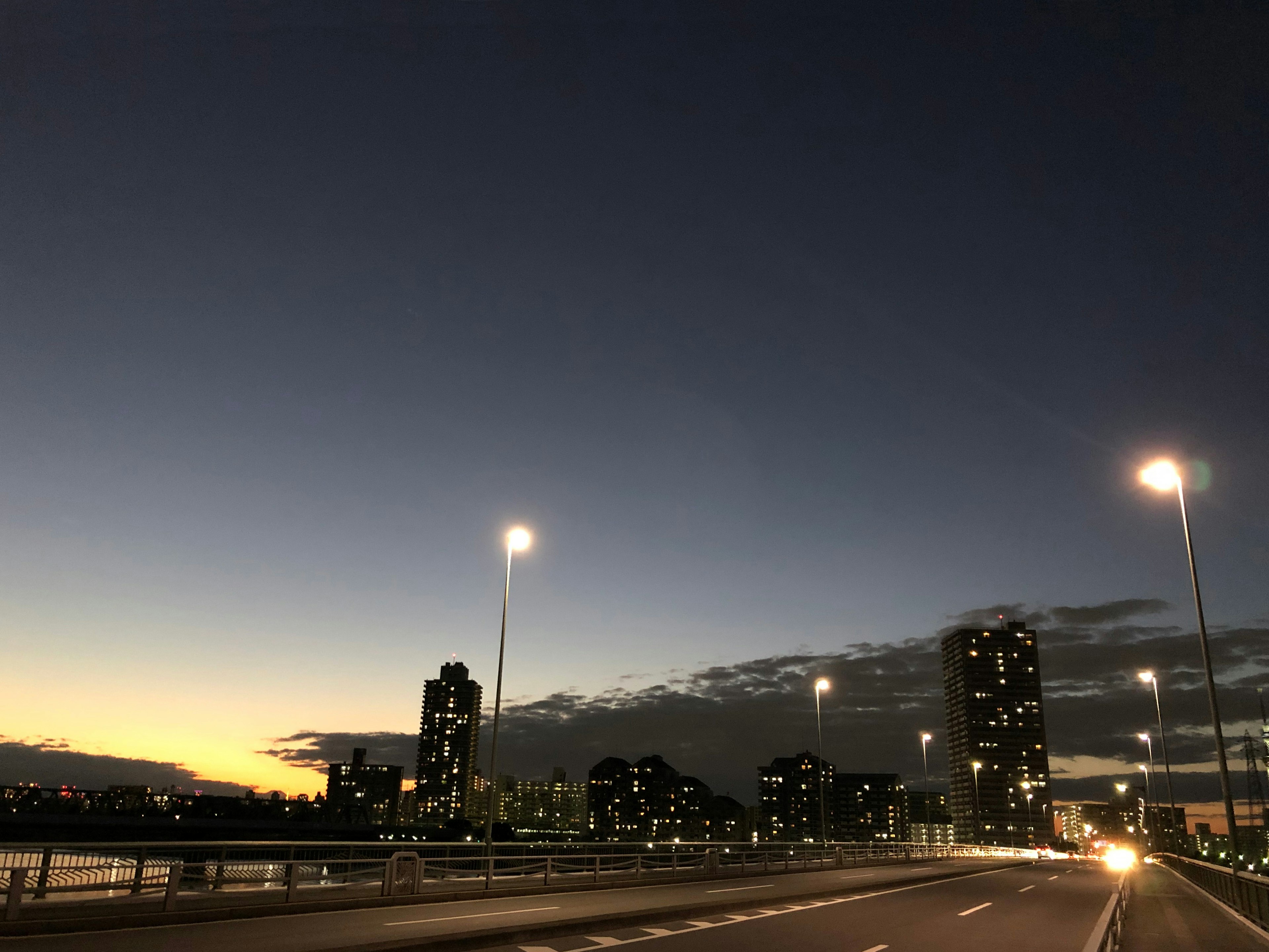 Twilight cityscape with streetlights along a bridge