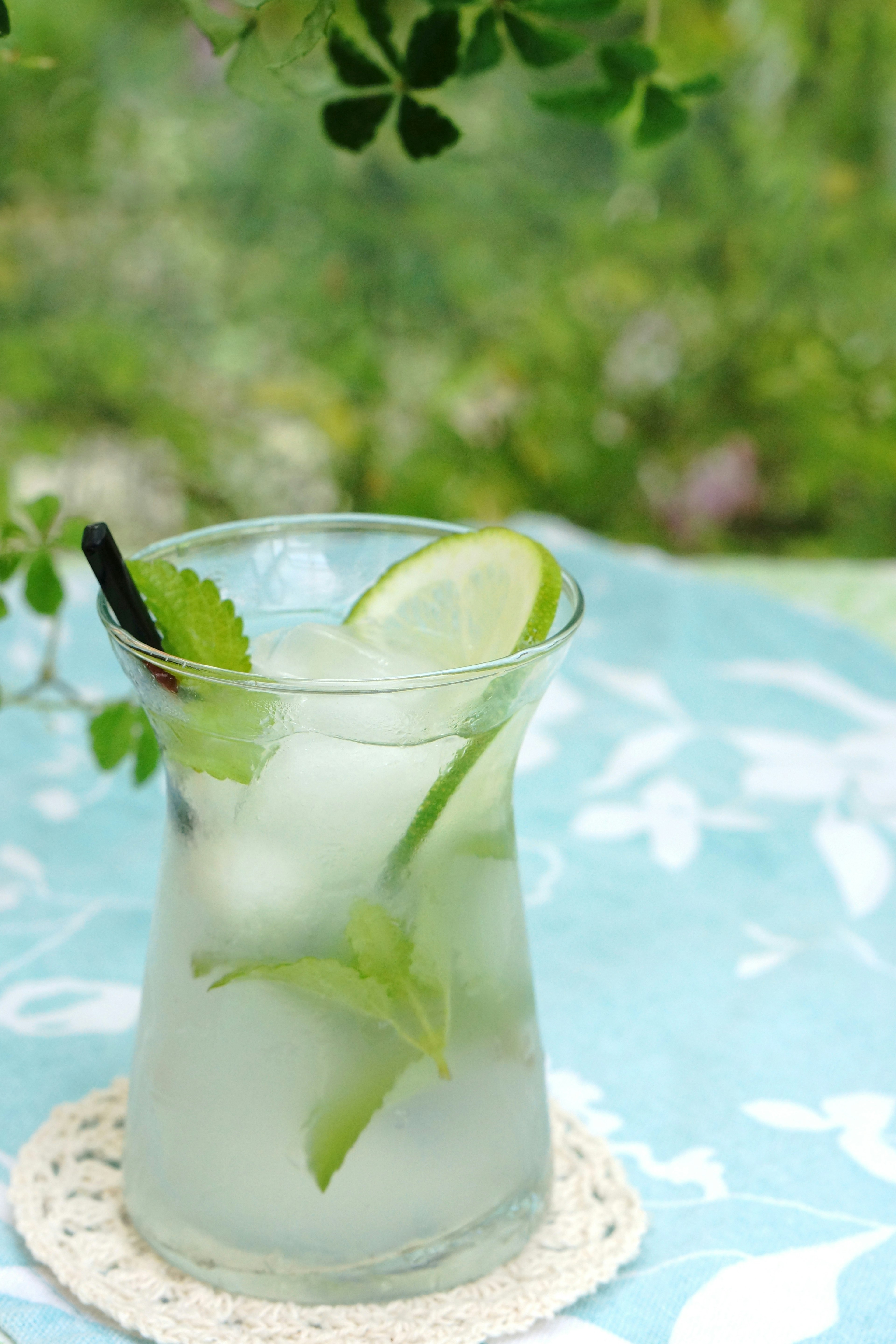 Refreshing drink with green leaves and lime garnish