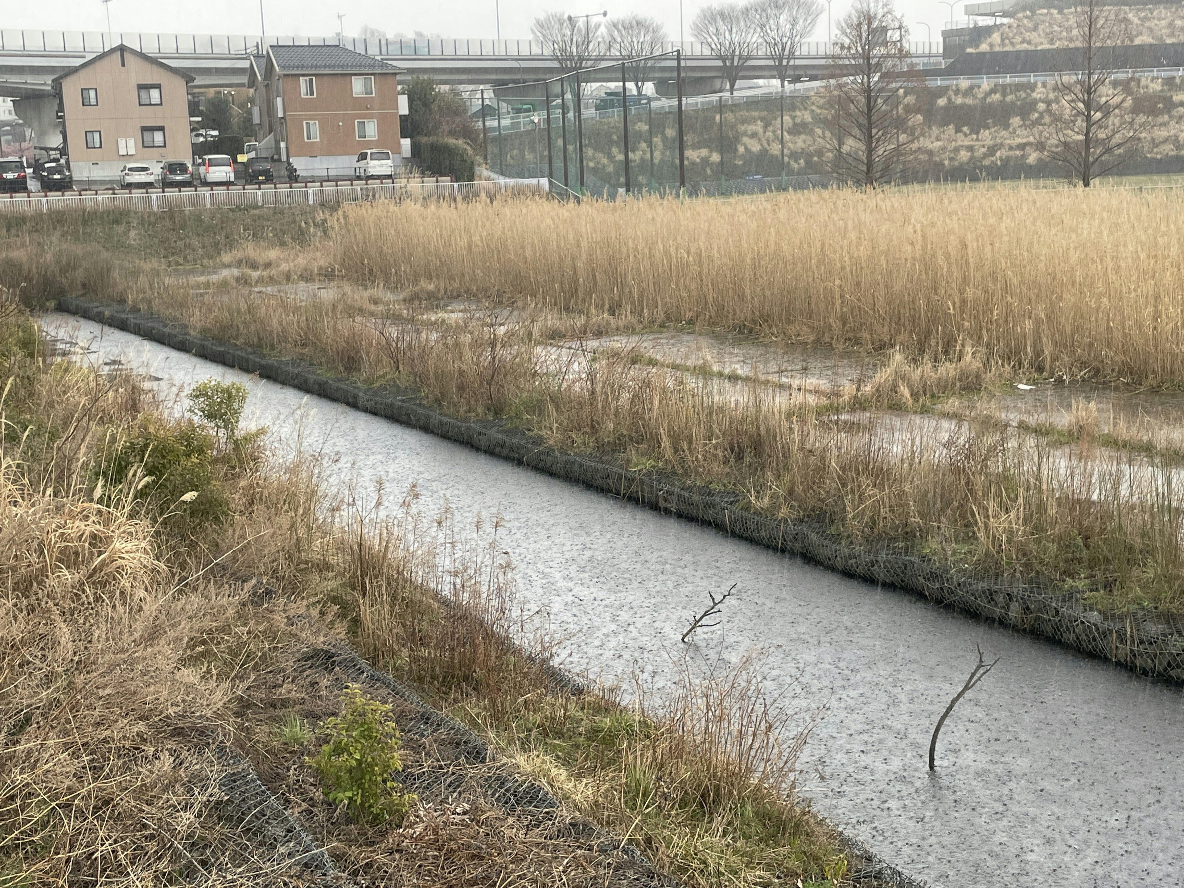 Landschaft mit einem Bach und trockenem Grasland im Hintergrund mit Häusern